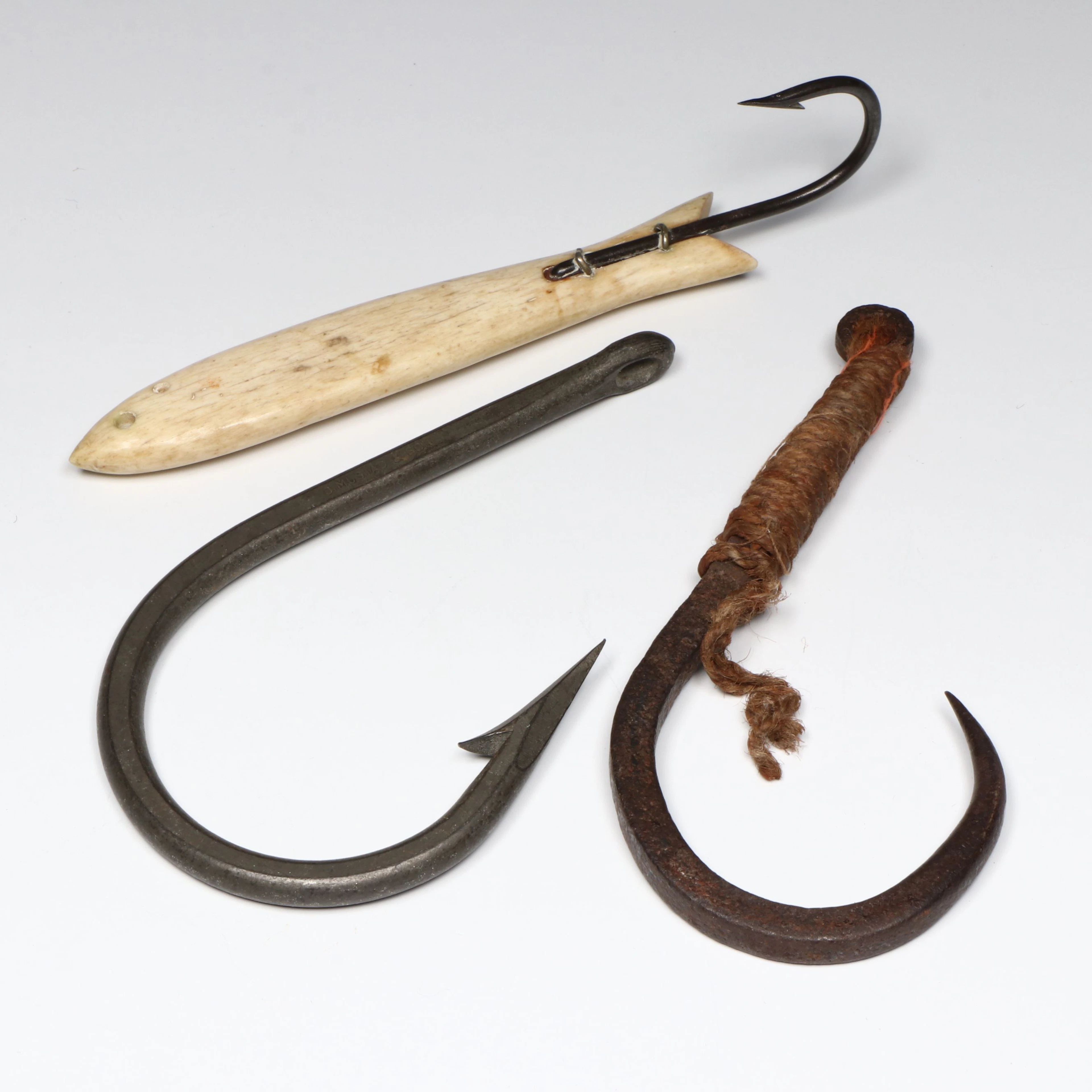 Antique Ethnographic Fishing Hooks Including Inuit Whalebone