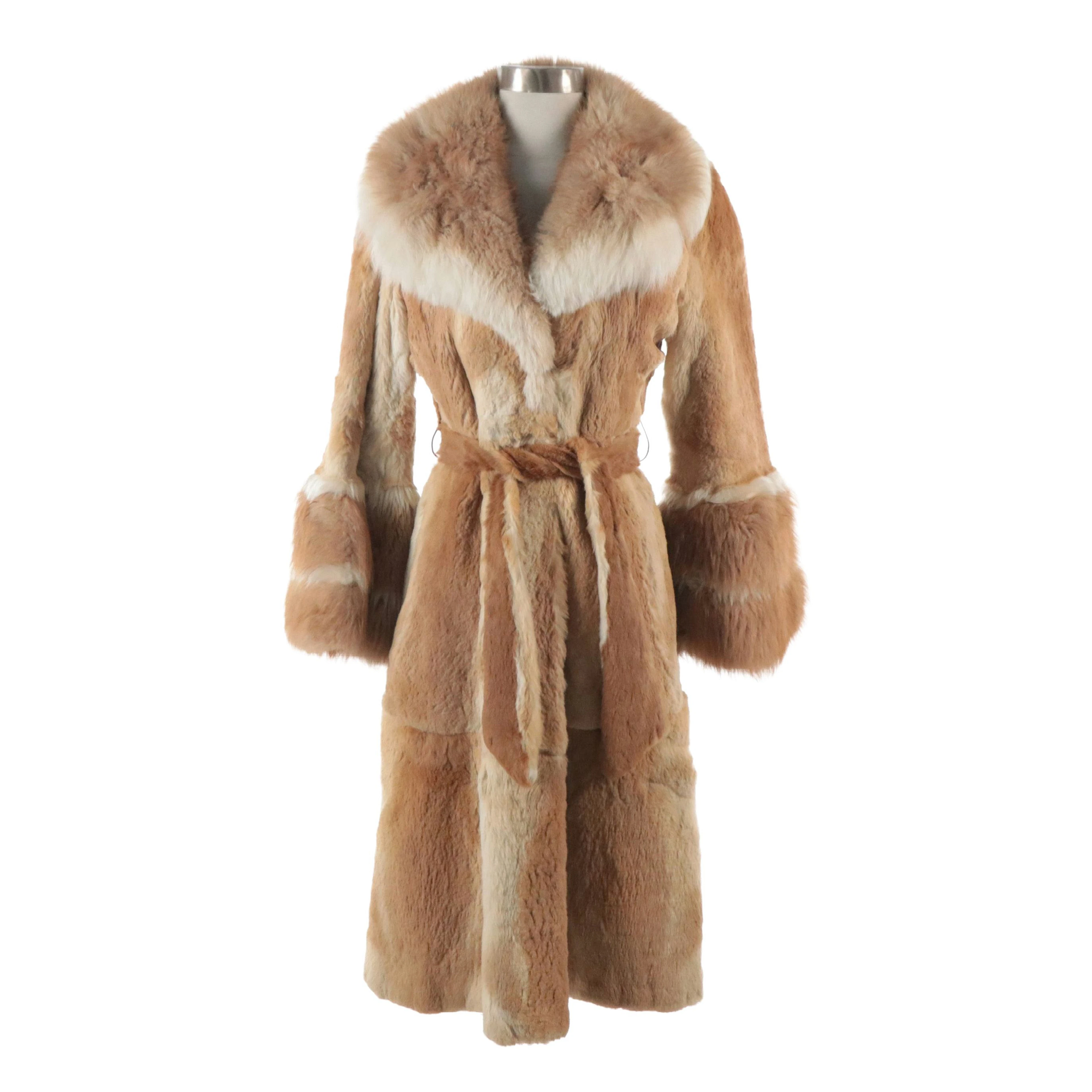 Rabbit Fur/Shearling Fur Tailored Belted Coat with Flare Sleeves, 1970s