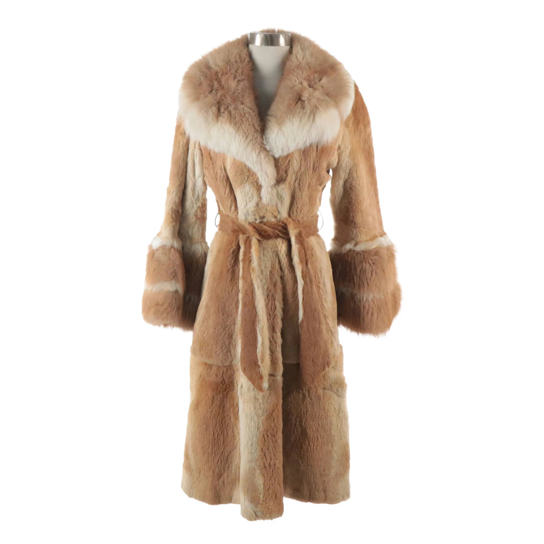 Rabbit Fur/Shearling Fur Tailored Belted Coat with Flare Sleeves, 1970s