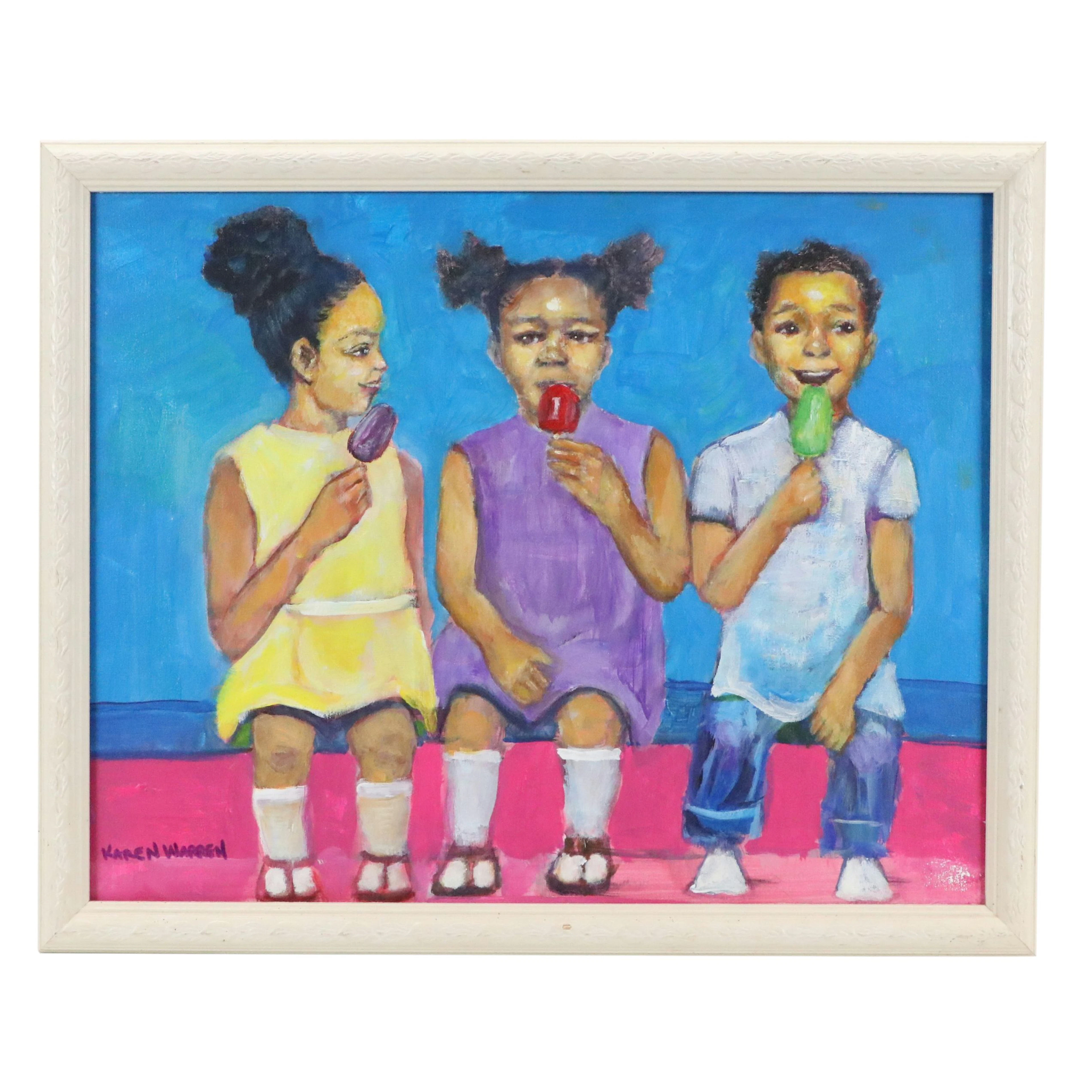 Karen Warren Acrylic Painting "3 Children Eating Ice Cream," 2026