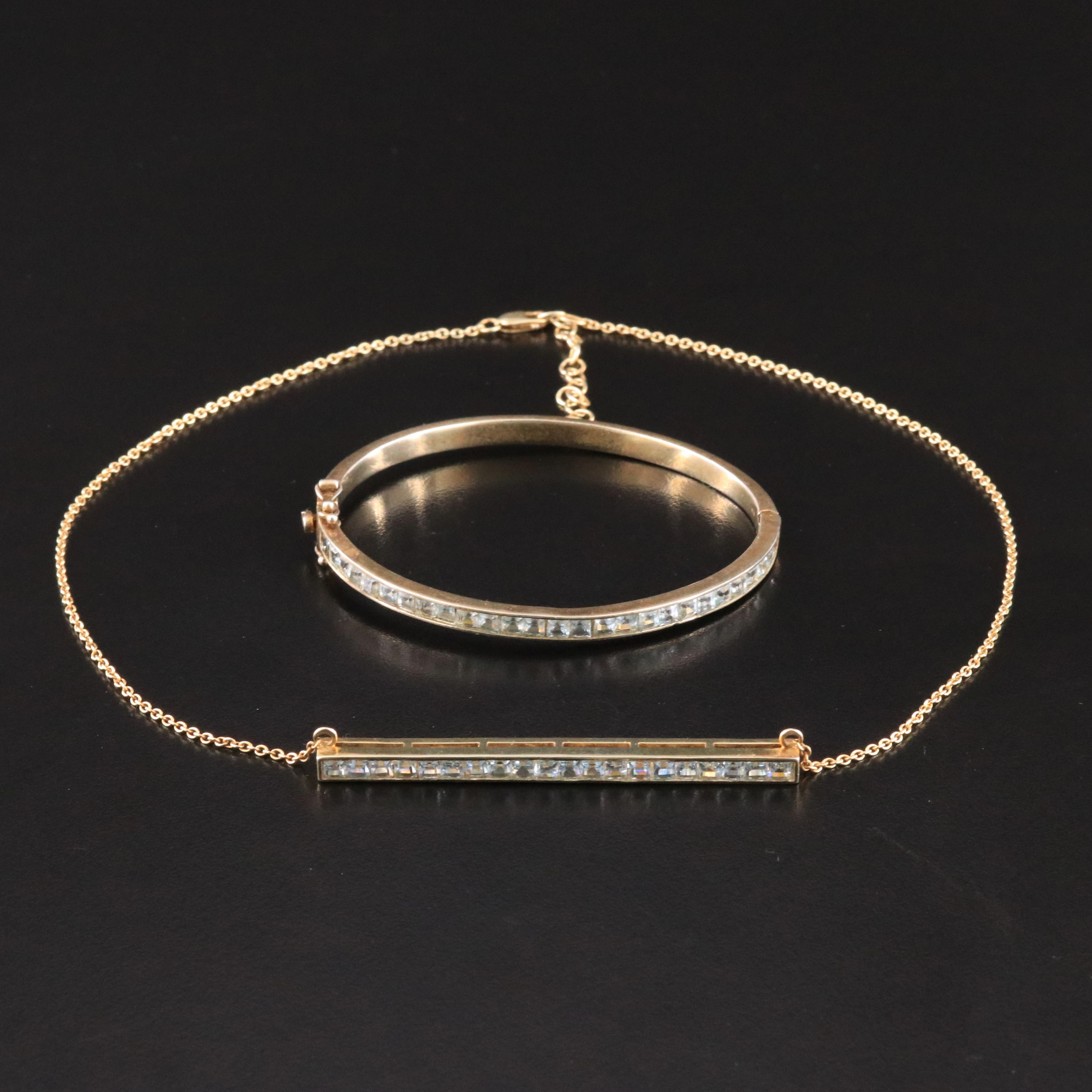 Sterling Sky Blue Topaz Bar Necklace and Hinged Bangle Bracelet