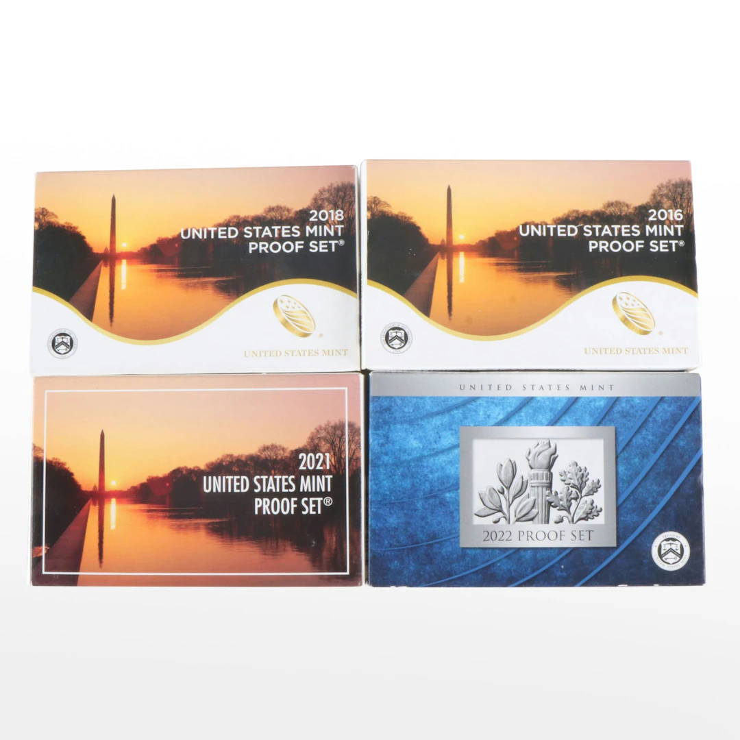 Group of Four Different Modern Proof Sets, 2016, 2018, 2021, and 2022