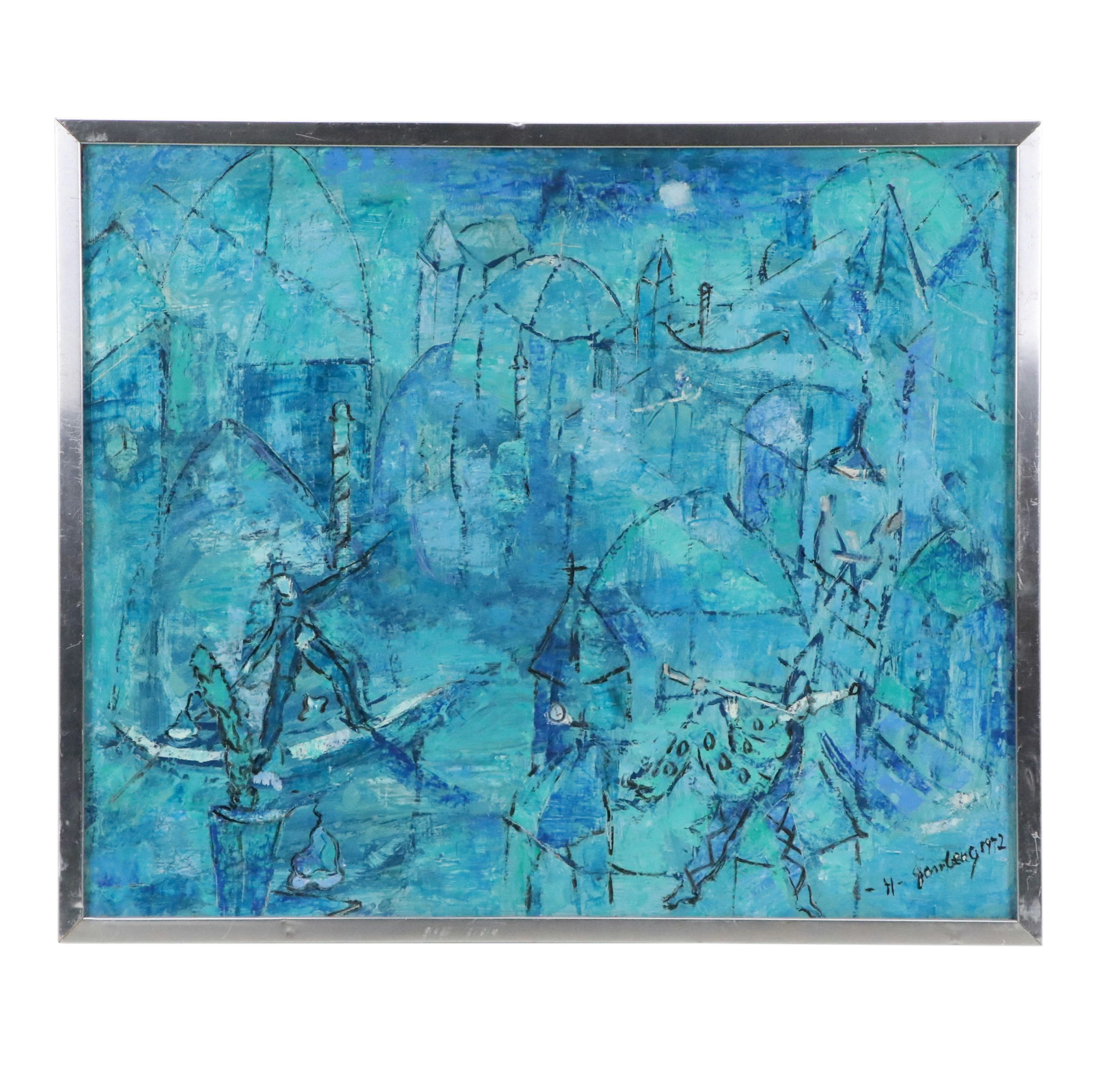 Harold Gomber Abstracted Oil Painting of Genre Scene "Masquerade," 1972