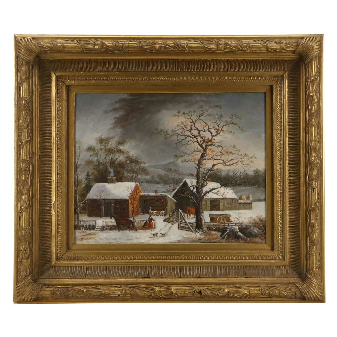 Landscape Oil Painting of Rural Home in Winter