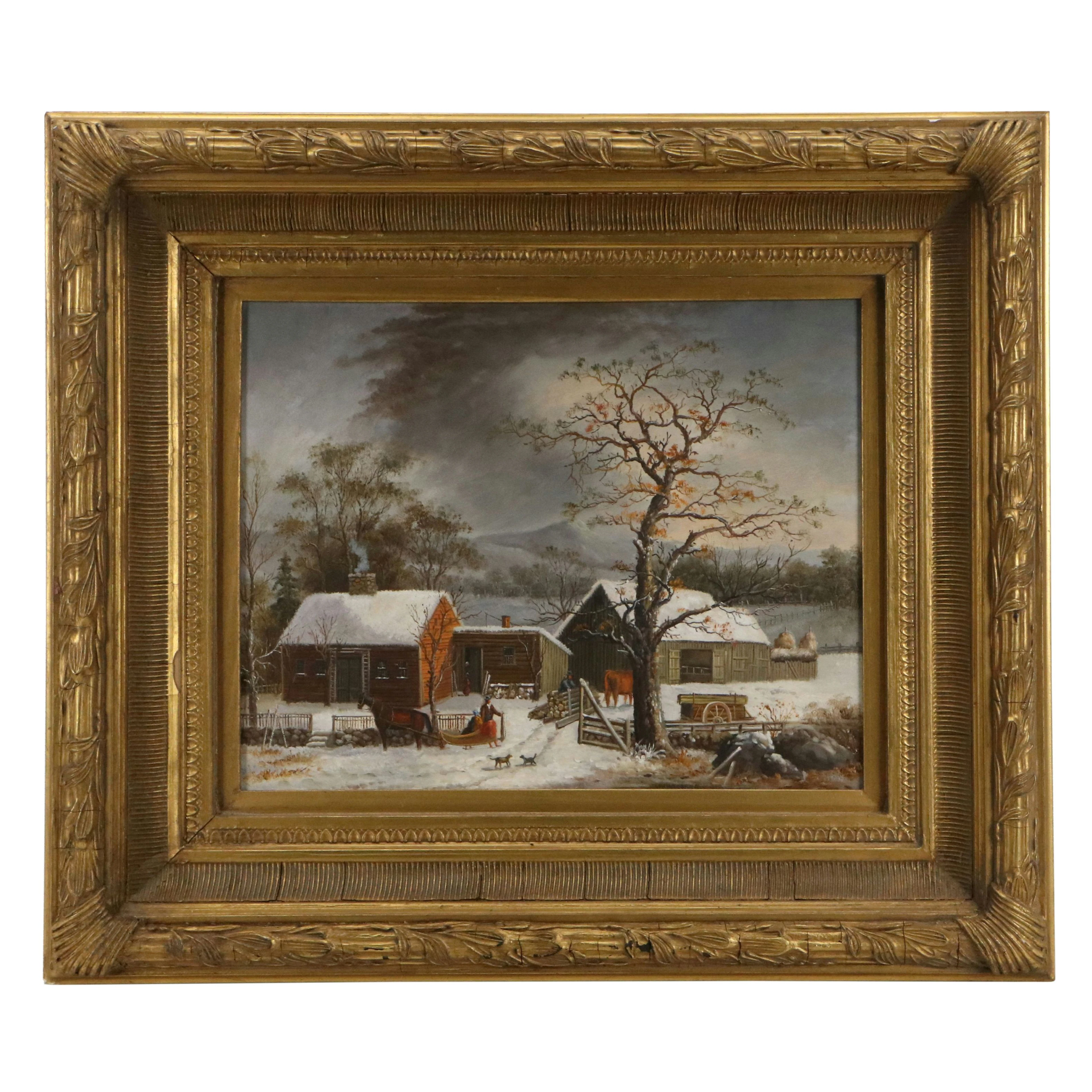 Landscape Oil Painting of Rural Home in Winter