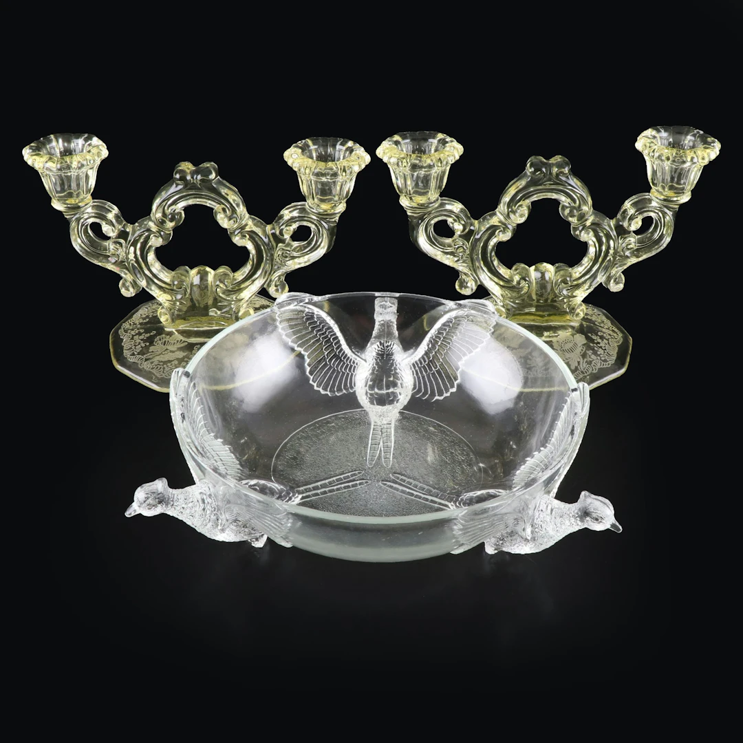 Cambridge "Gloria" Vaseline Glass Candelabras with Jeannette Pheasant Bowl