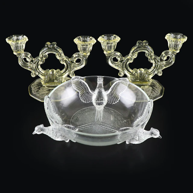 Cambridge "Gloria" Vaseline Glass Candelabras with Jeannette Pheasant Bowl
