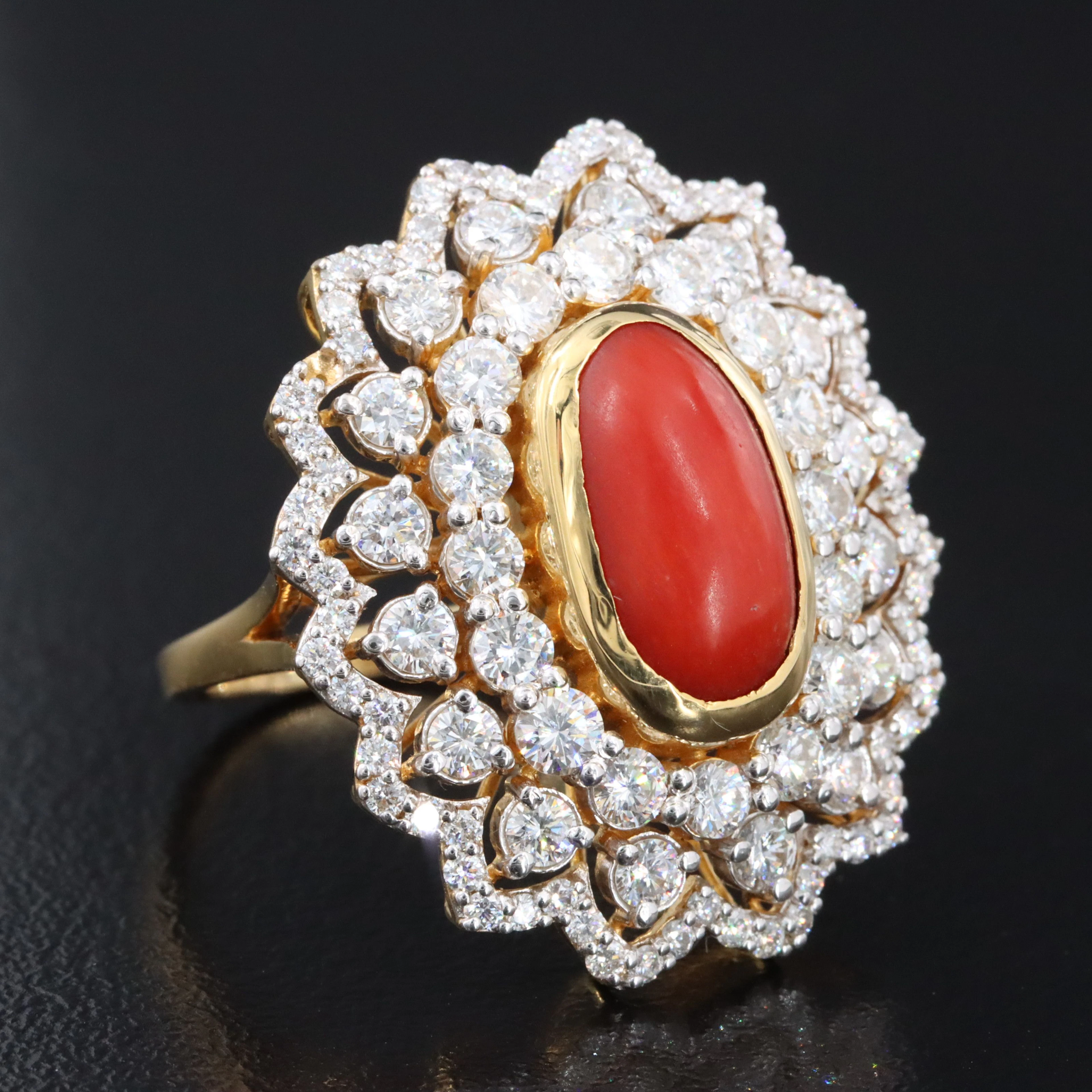 14K 6.62 CTW Coral and 2.55 CTW Diamond Ring