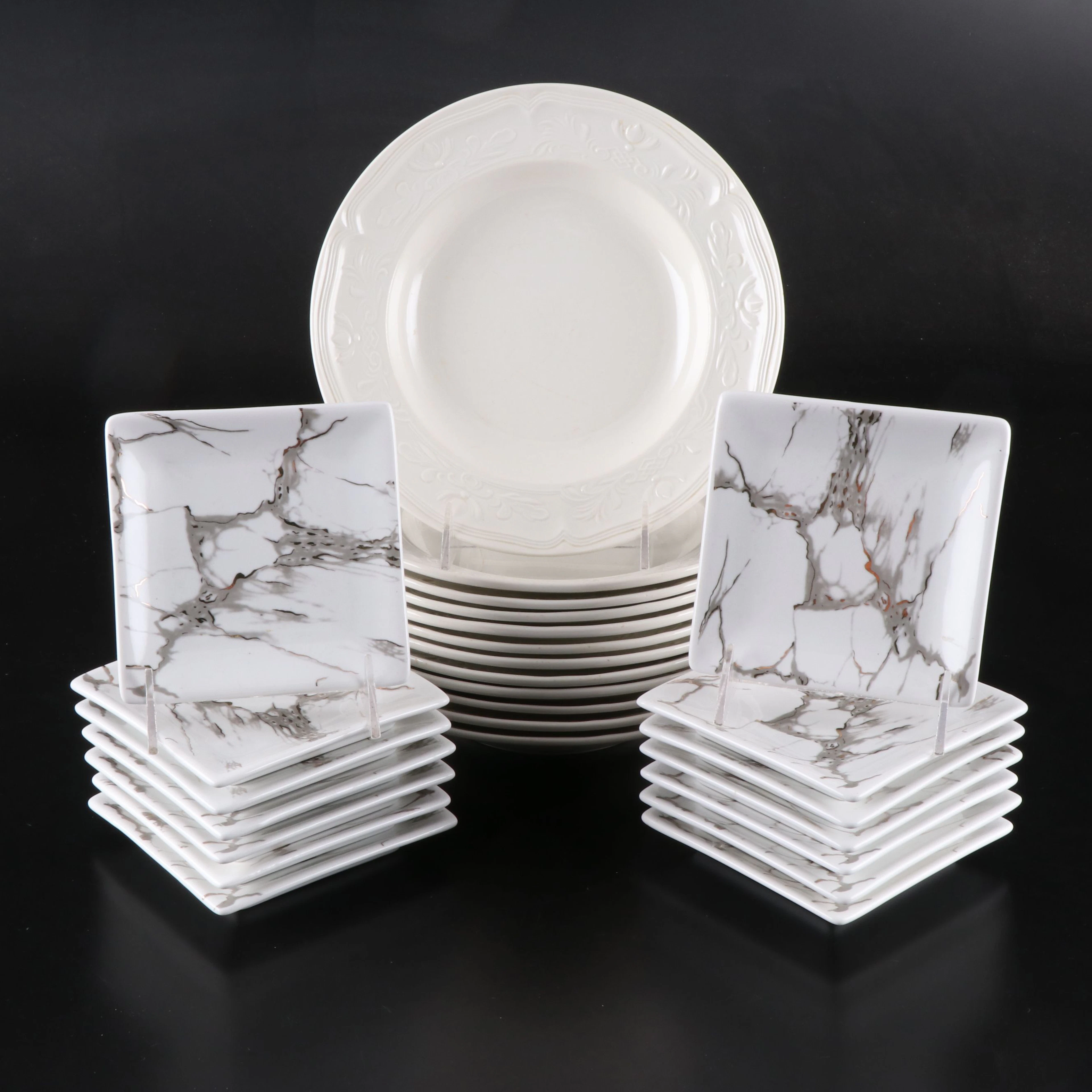 Villeroy & Boch "Cortina" Porcelain Soup Bowls with Marbled Appetizer Plates