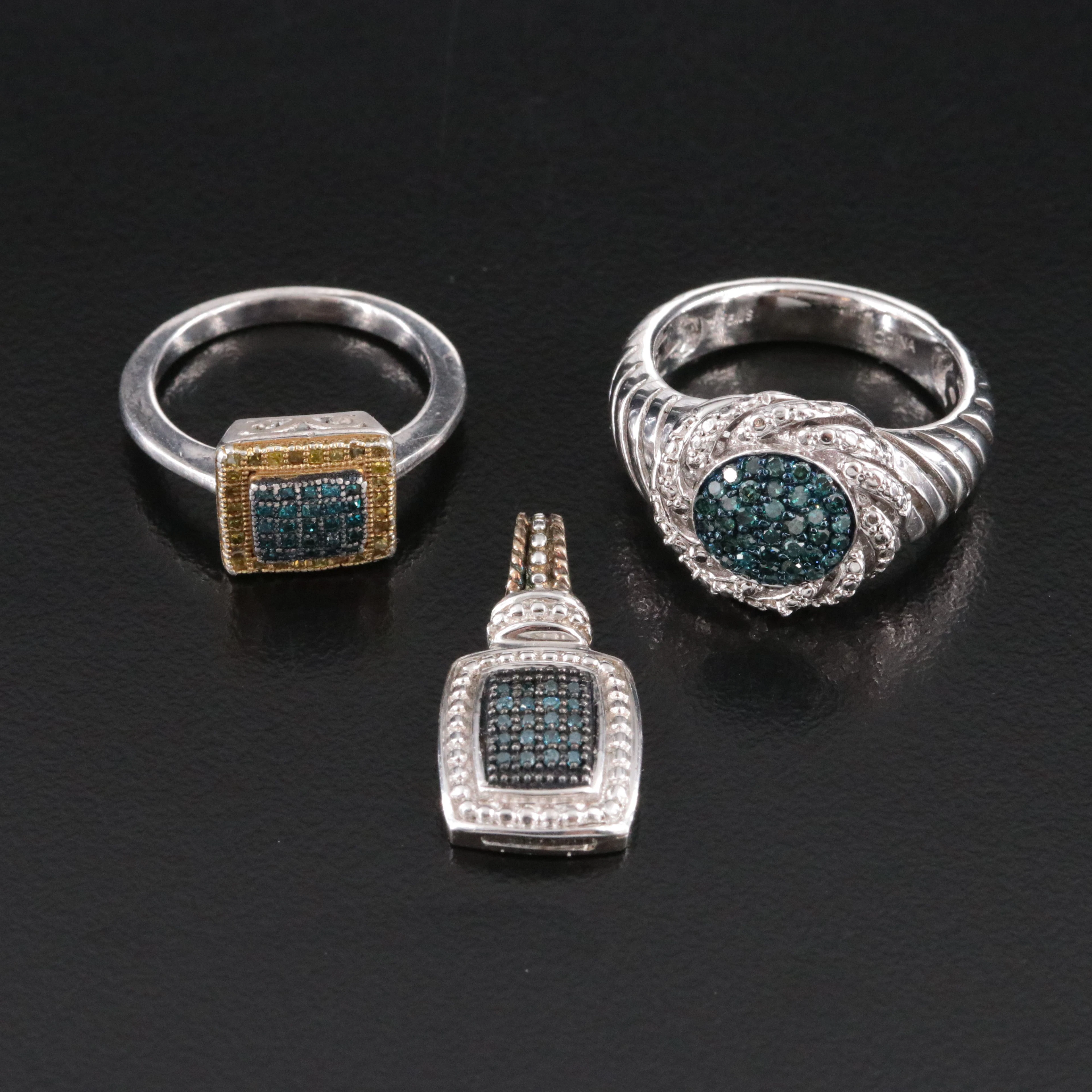 Sterling Fancy Blue & Yellow Diamond Pavé Pendant & Rings