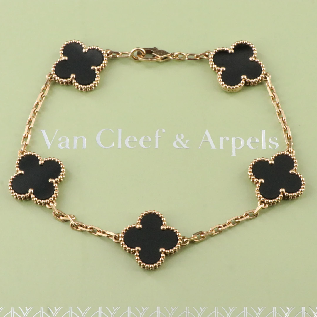 Van Cleef & Arpels Alhambra 18K Black Onyx Five Motif Bracelet with COA