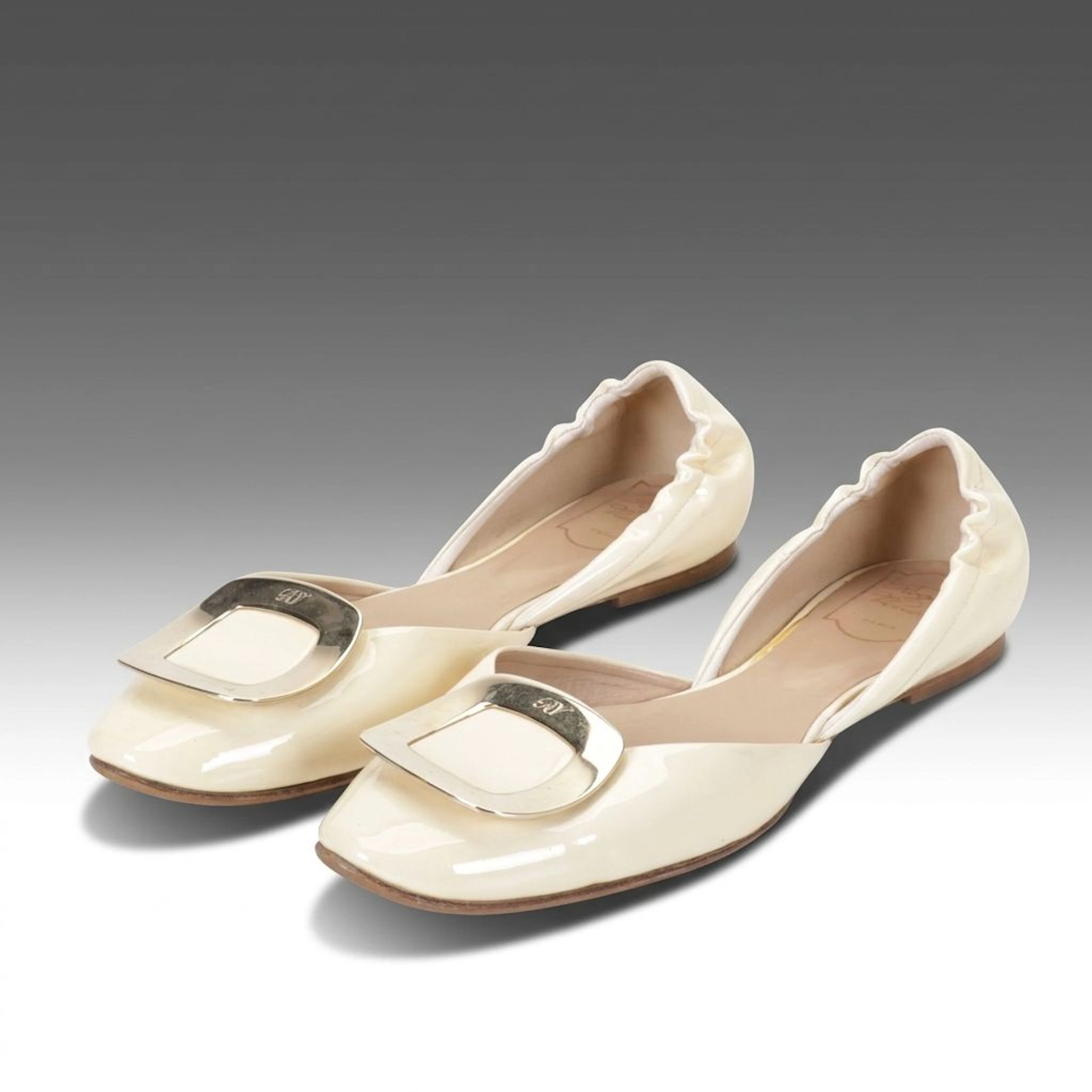 Roger Vivier Chips Buckle D'Orsay Ballet Flats in Ivory Patent Leather