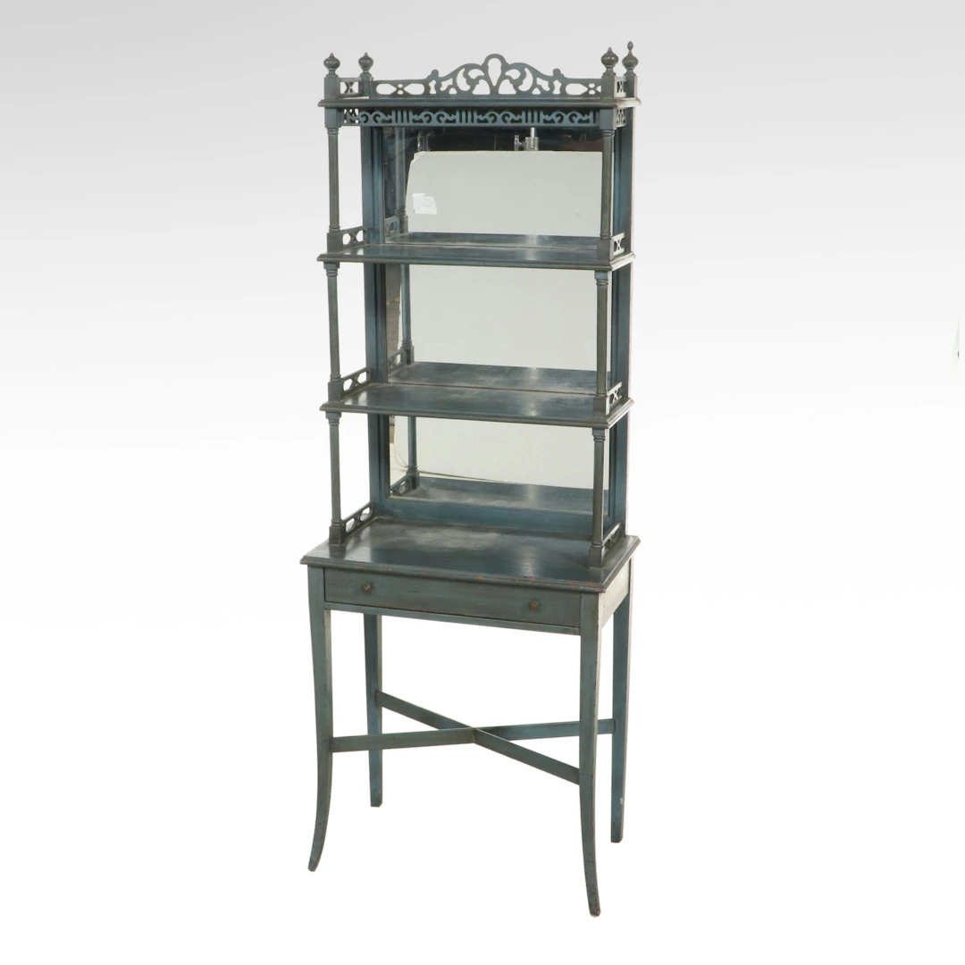 Chinese Chippendale Style Painted Wood Mirror Back Etagere