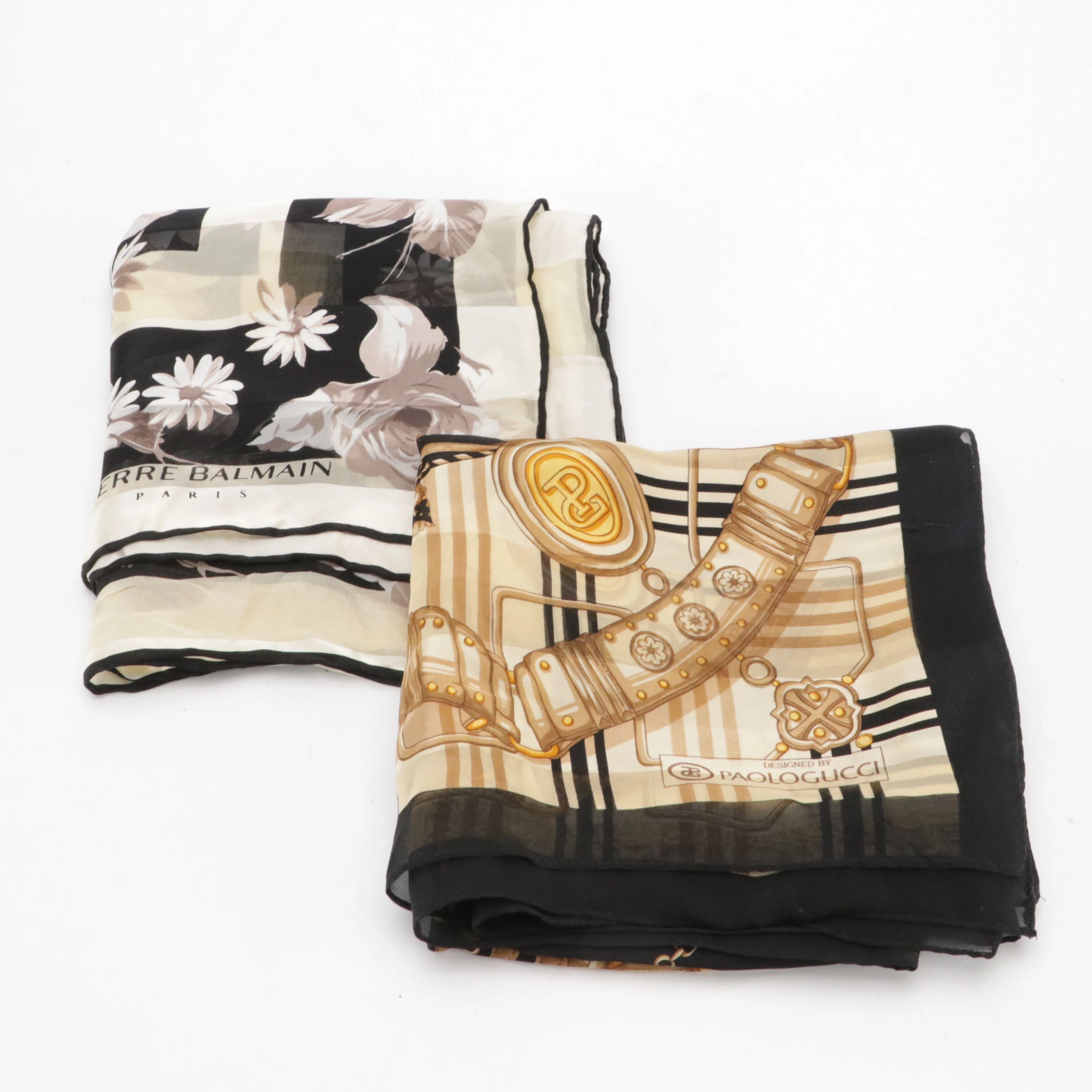 Pierre Balmain Floral Motif and Paolo Gucci Equestrian Theme Silk Scarves