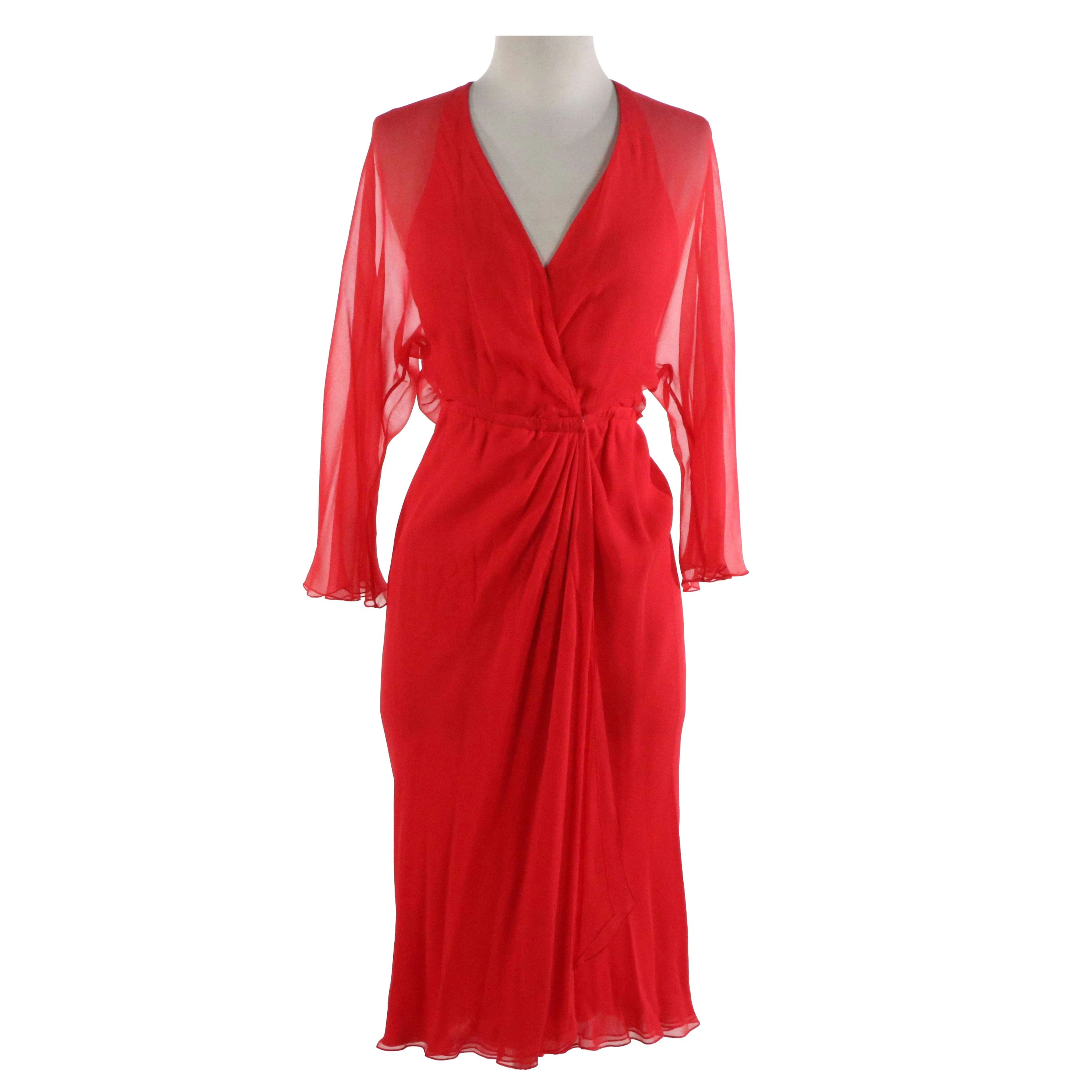 Vintage Halston Red Silk Ruffle Wrap Dress