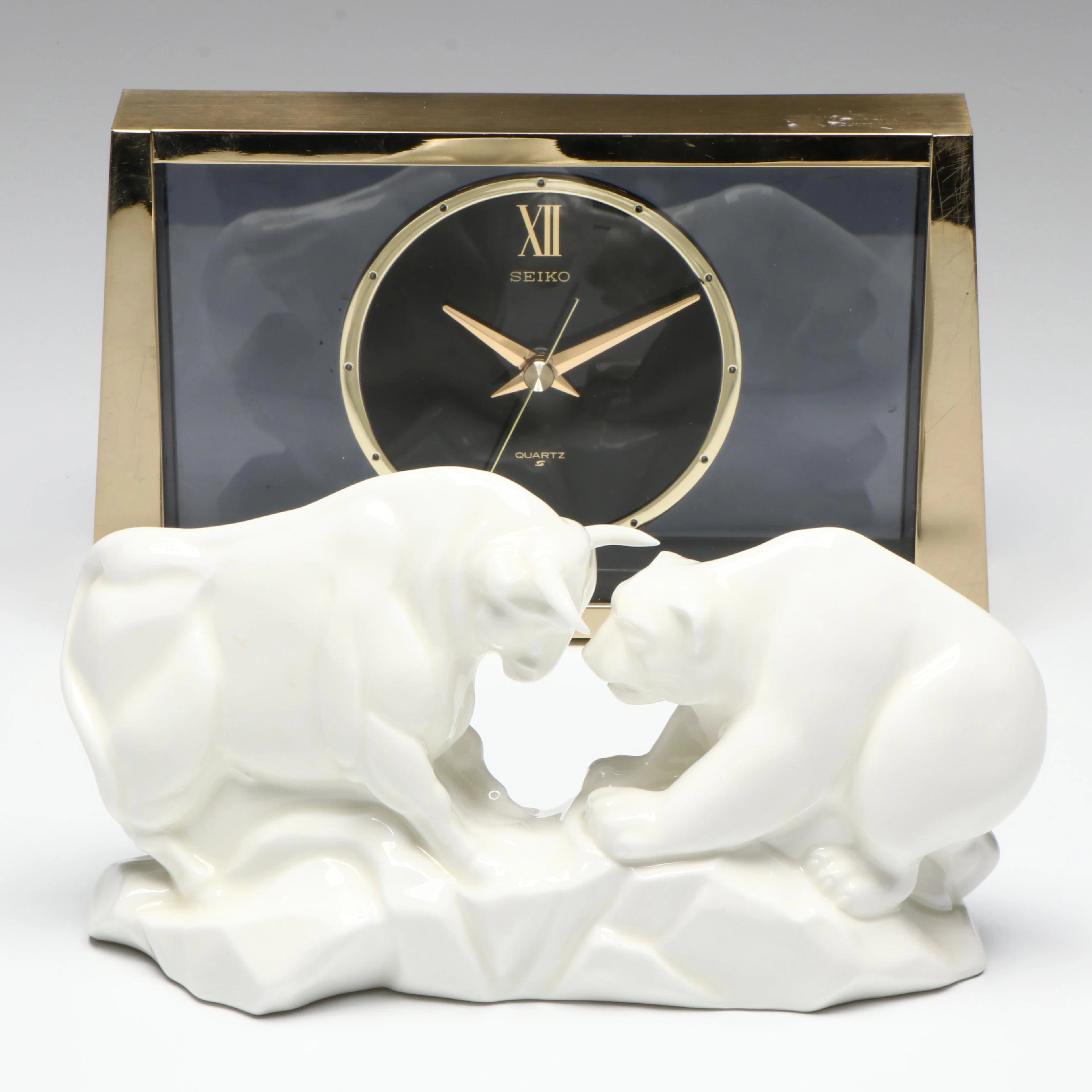 Seiko MCM Quartz Mantel Clock with Wedgwood Bone China Bull and Bear