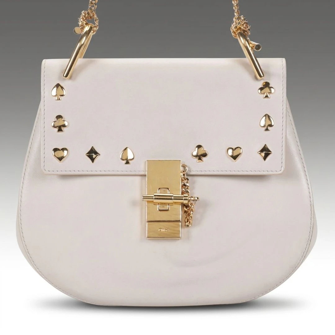 Chloé Drew Studded Chain Strap Crossbody Bag in Beige Grained Leather