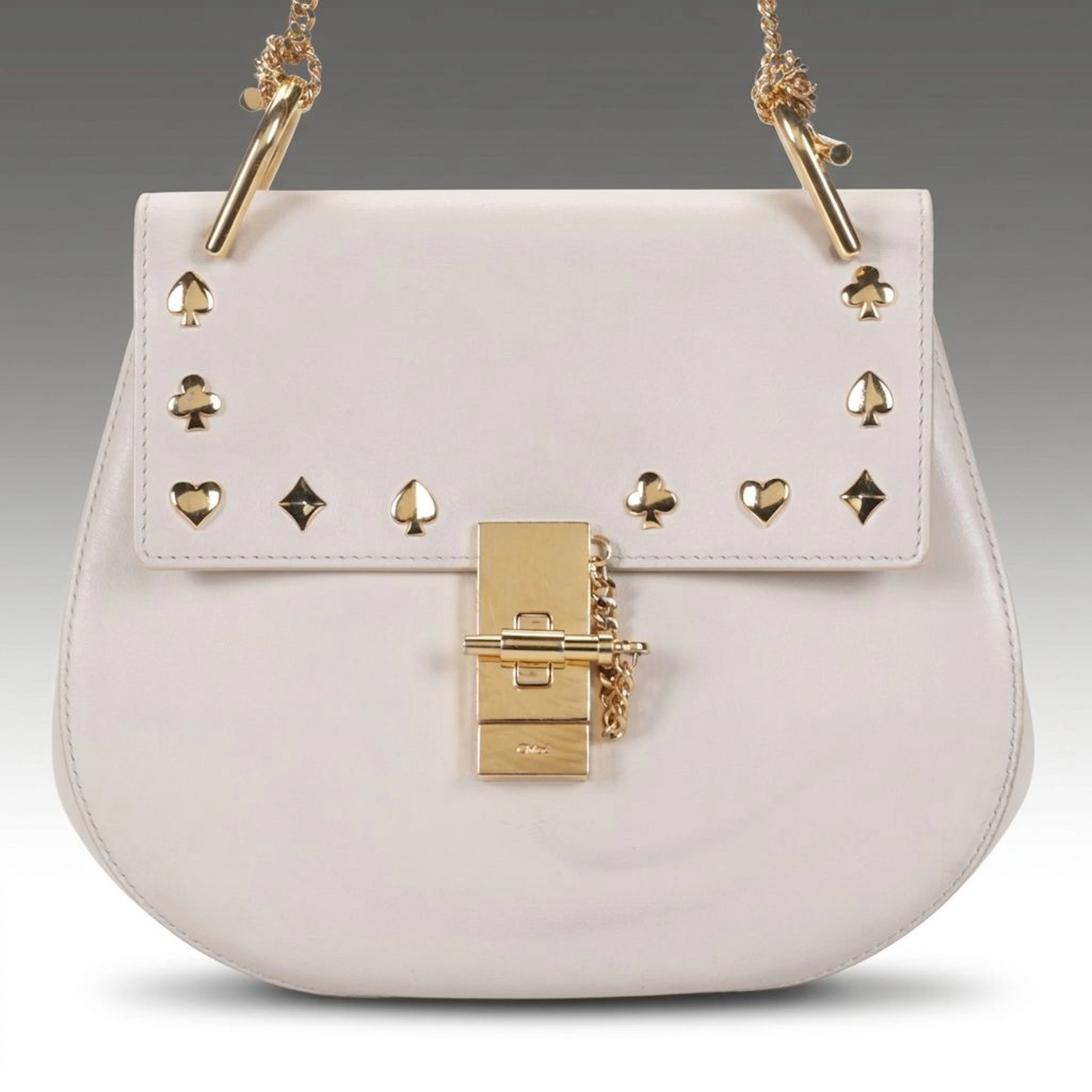 Chloé Drew Studded Chain Strap Crossbody Bag in Beige Grained Leather