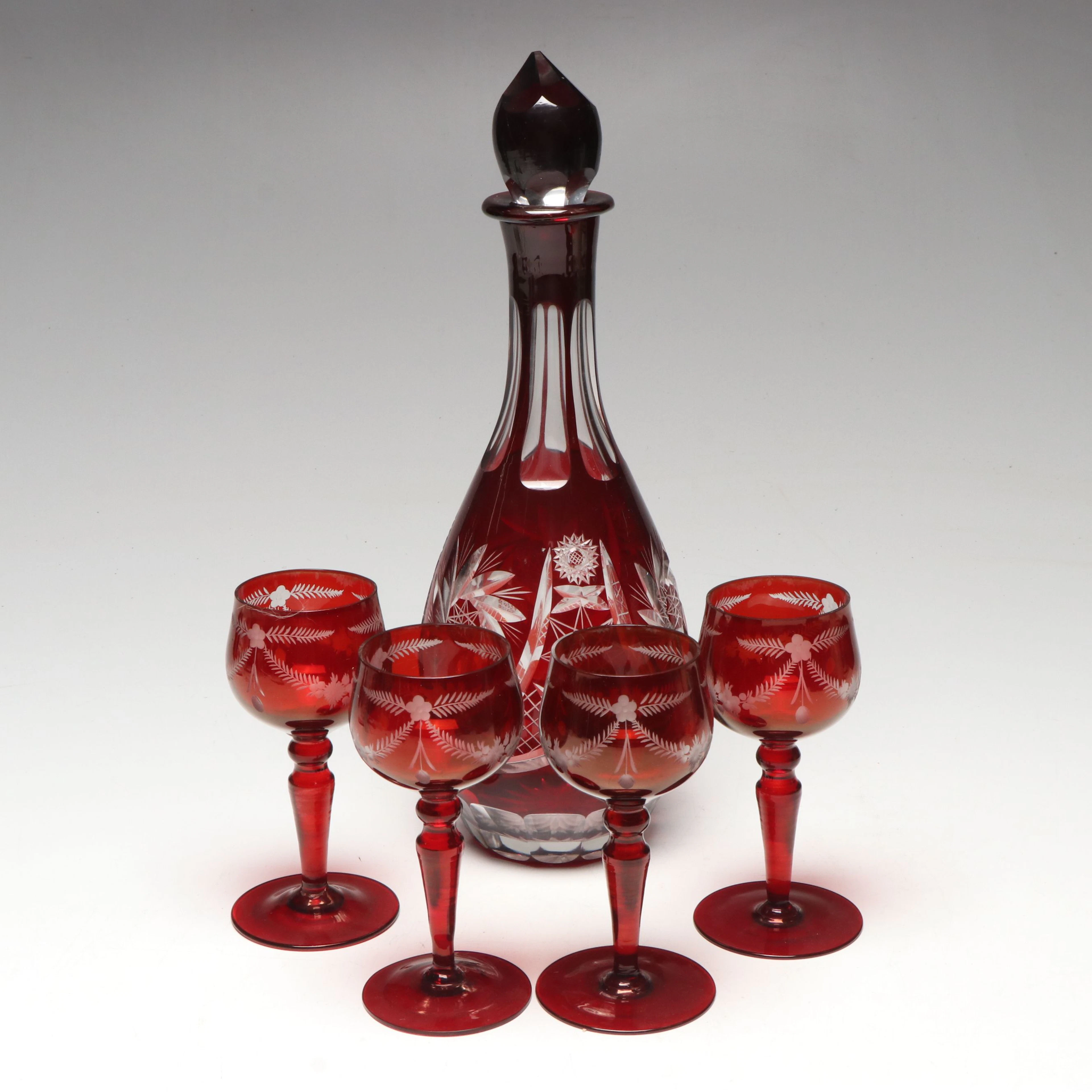 Bohemian Style Cut to Clear Ruby Crystal Decanter and Stemware
