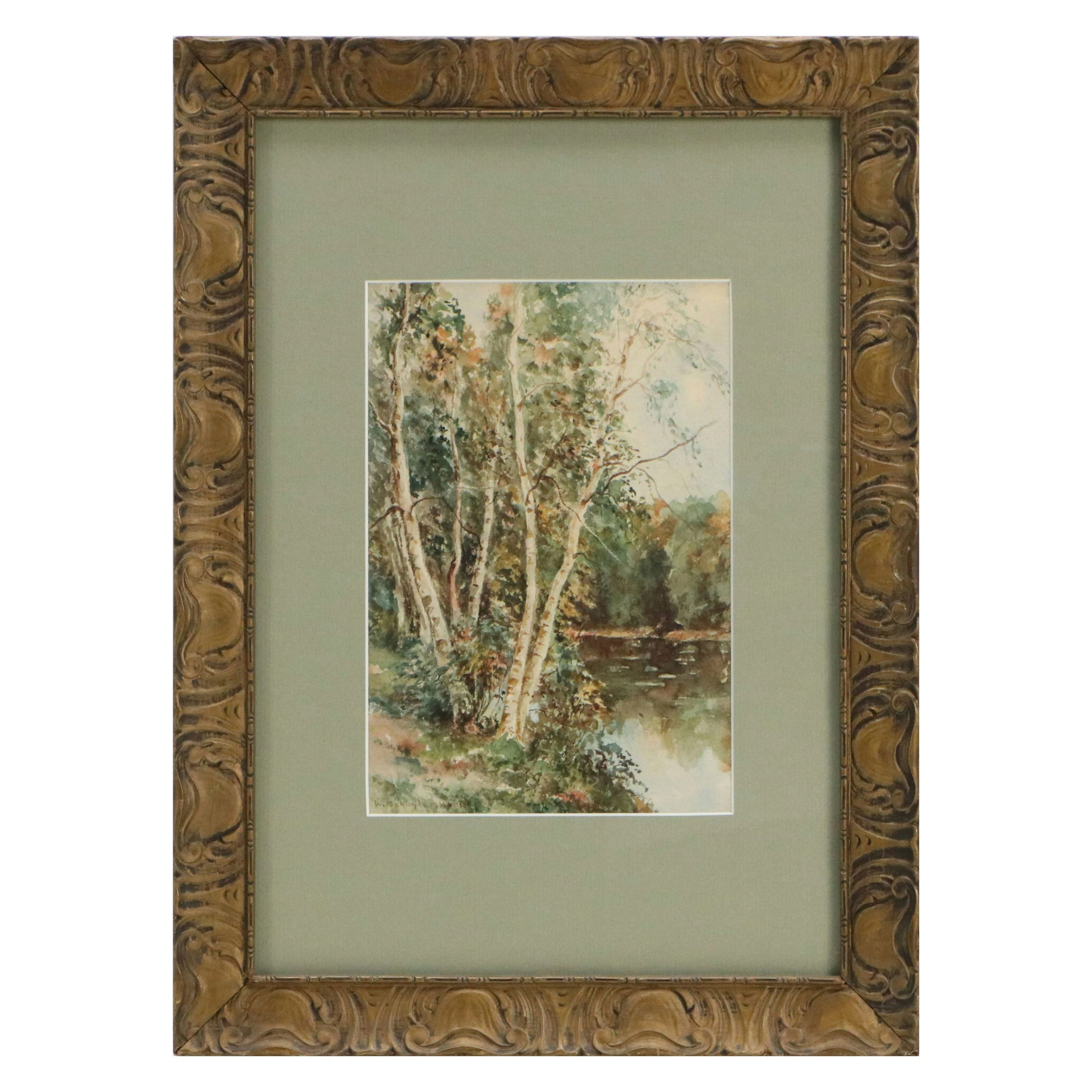 William Schuyler Hopper Landscape Watercolor Painting of Riverside Birches