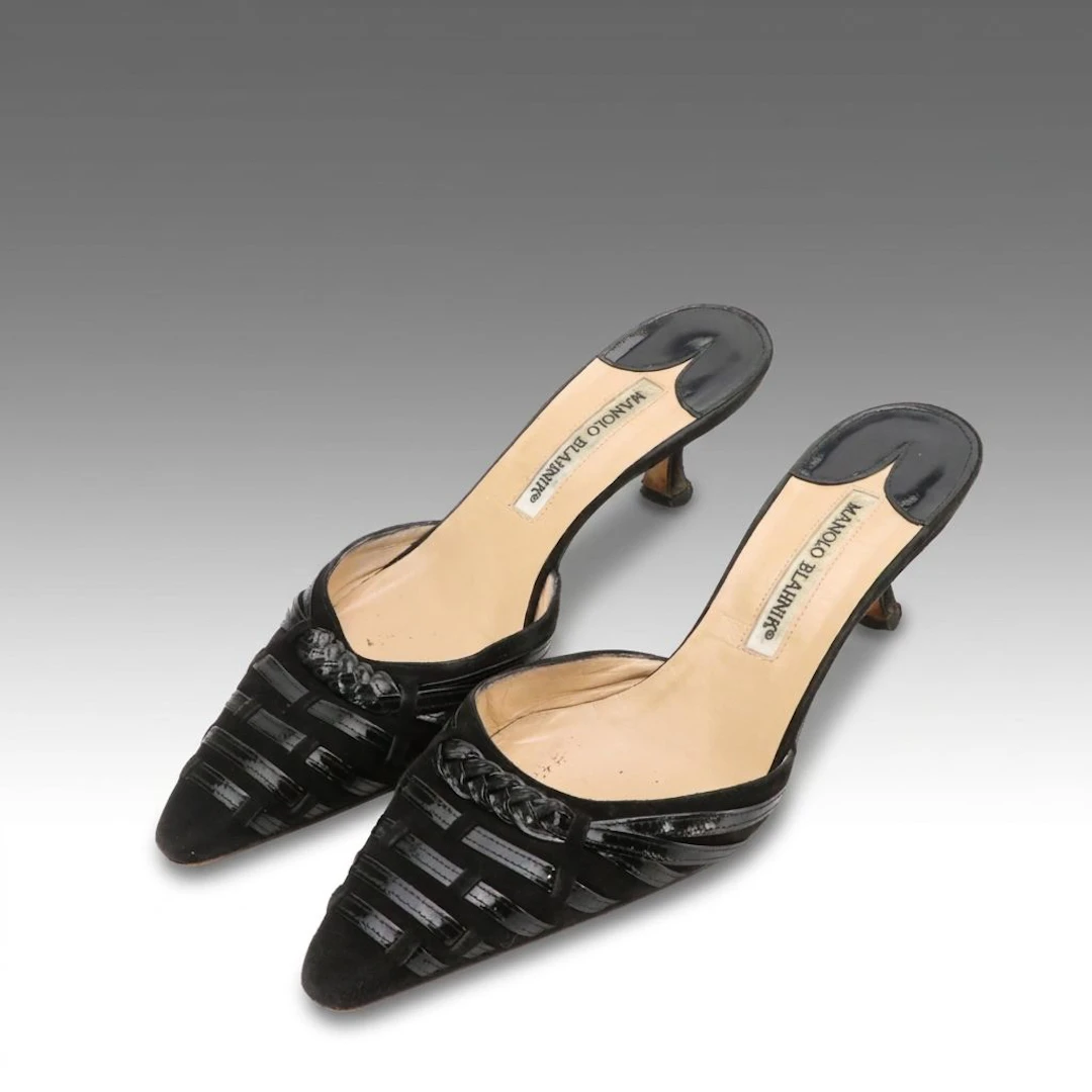 Manolo Blahnik Pointed-Toe Kitten Heel Mules in Black Suede and Patent Leather