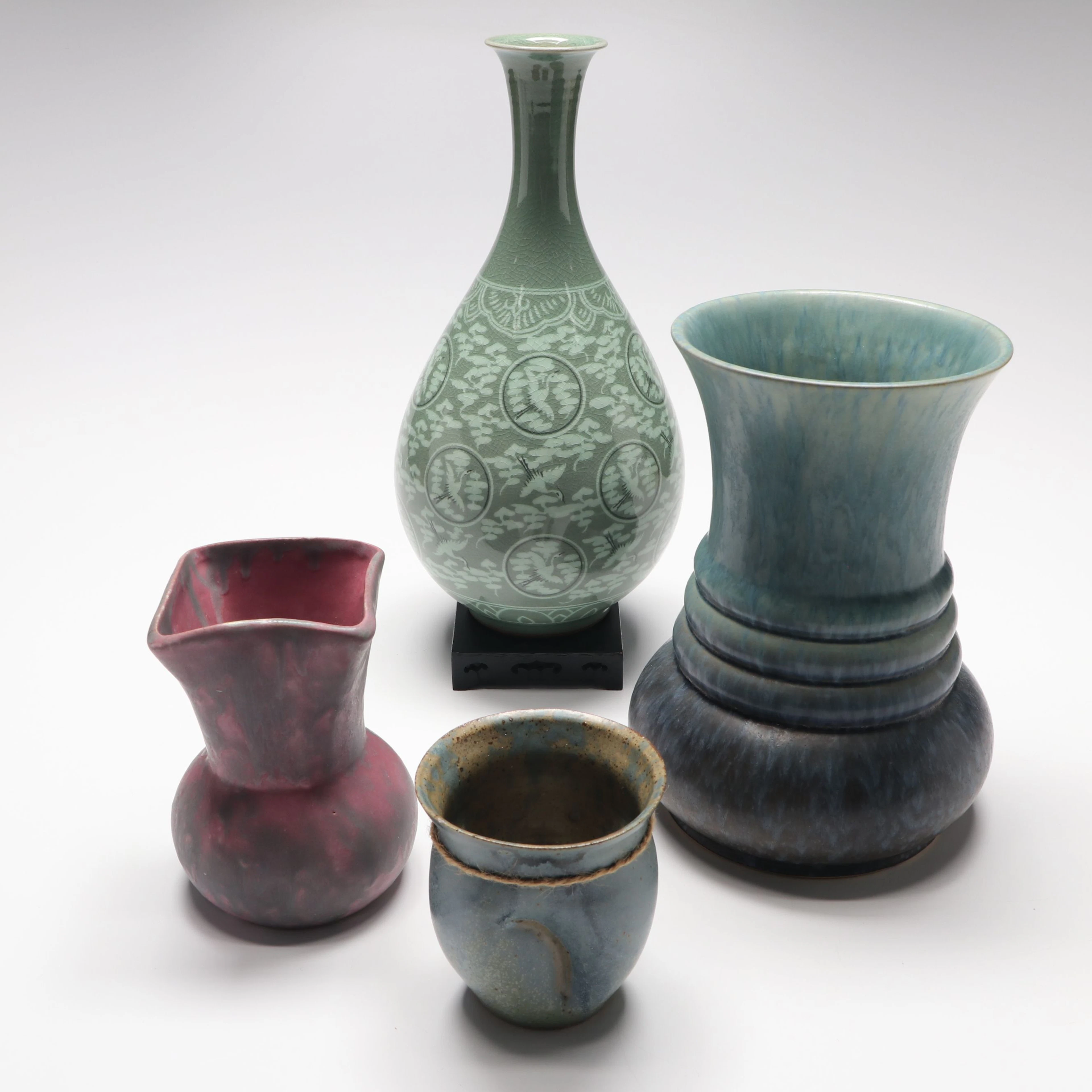 Korean Celadon Crane Motif Porcelain Vase with Other Studio Pottery Vases