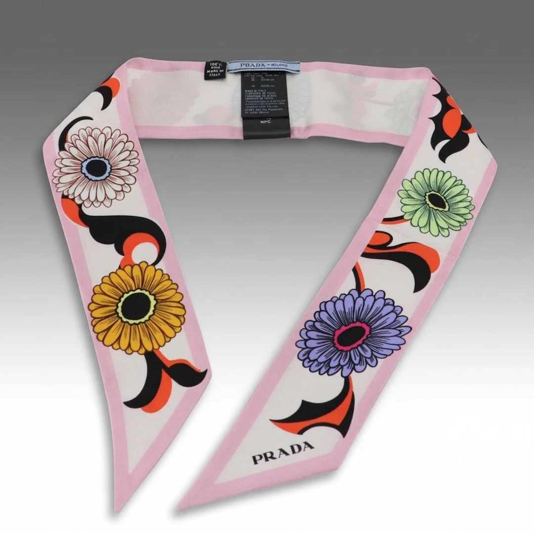 Prada Floral Print Skinny Scarf in Silk Twill with Box