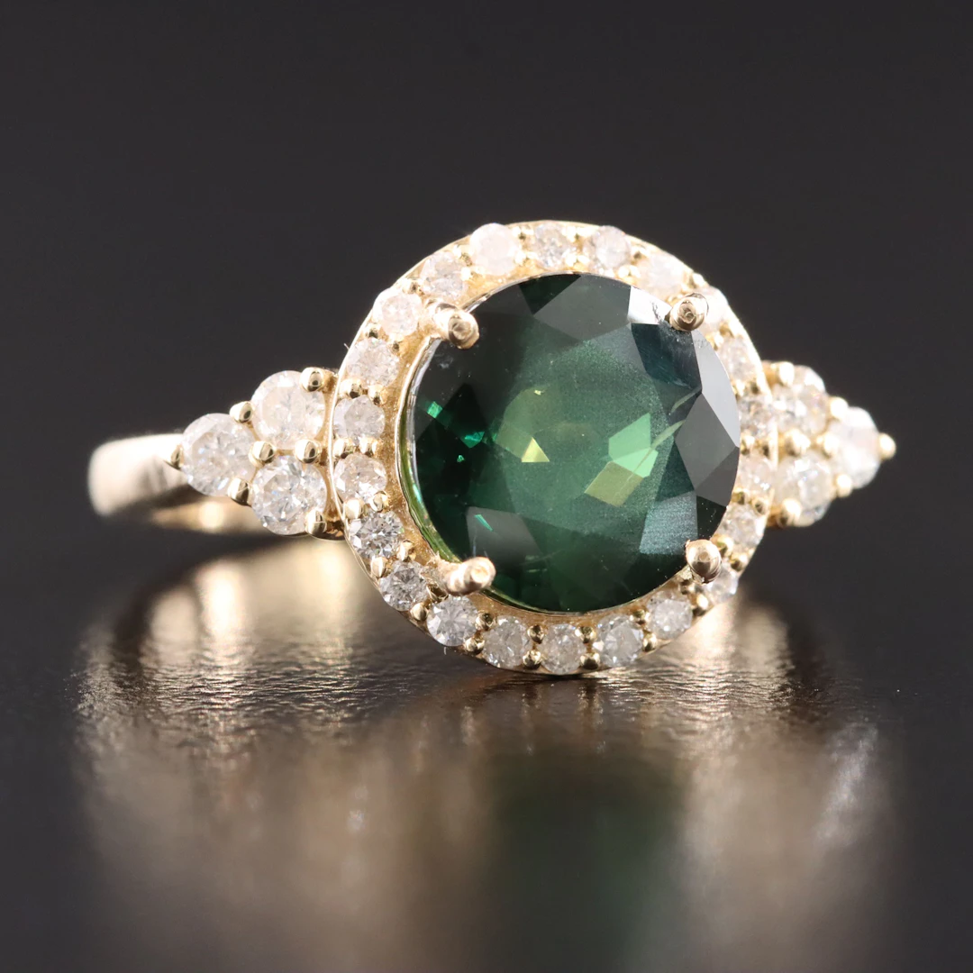 14K 3.61 CT Unheated Thai Green Sapphire and Diamond Ring with GIA Report