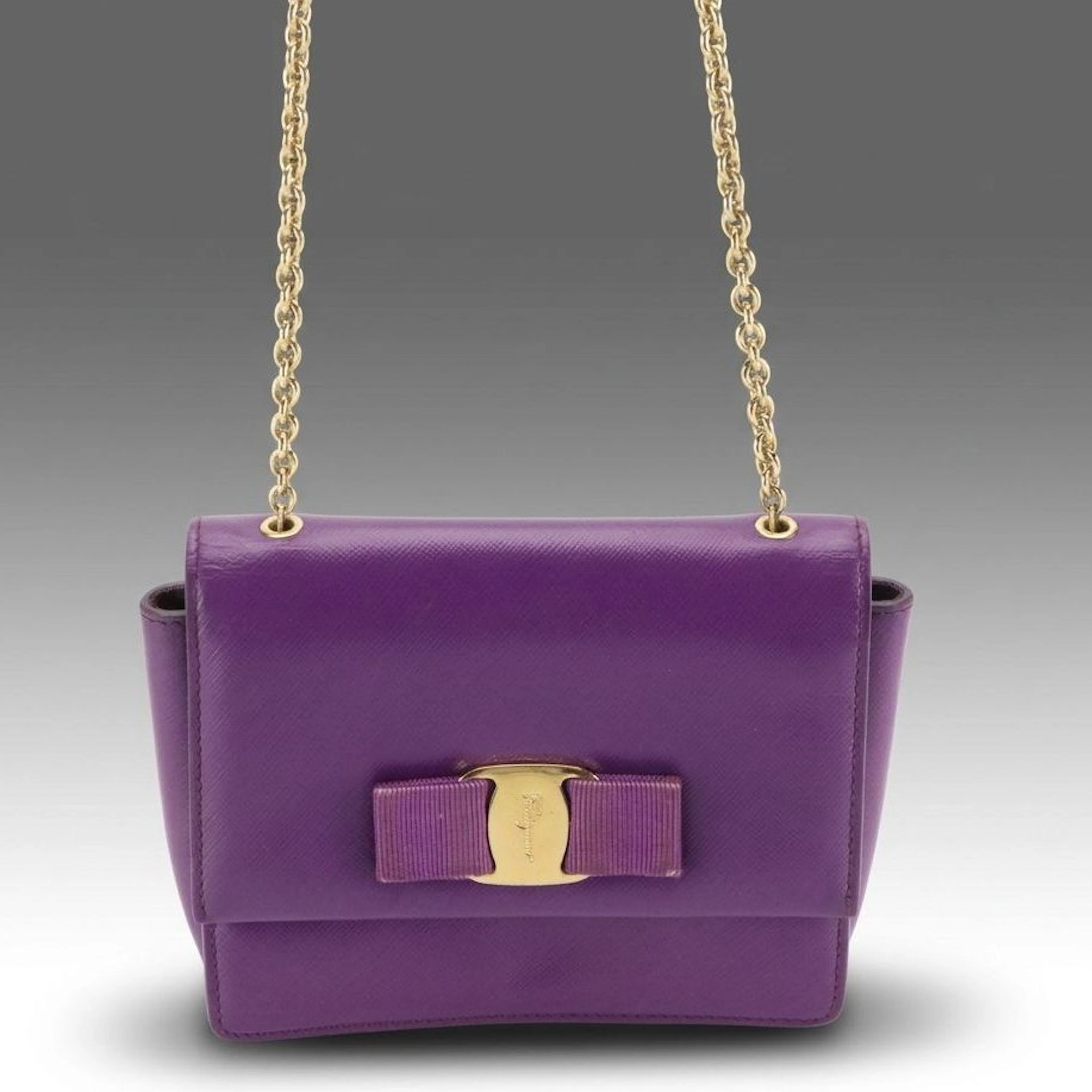 Salvatore Ferragamo Vara Bow Chain Crossbody Bag in Purple Saffiano Leather