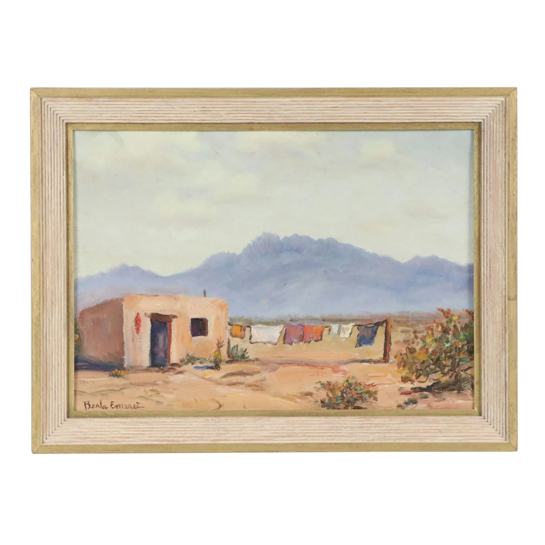 Berla Emeree Pueblo Landscape Oil Painting with Clothesline, Early 20th Century