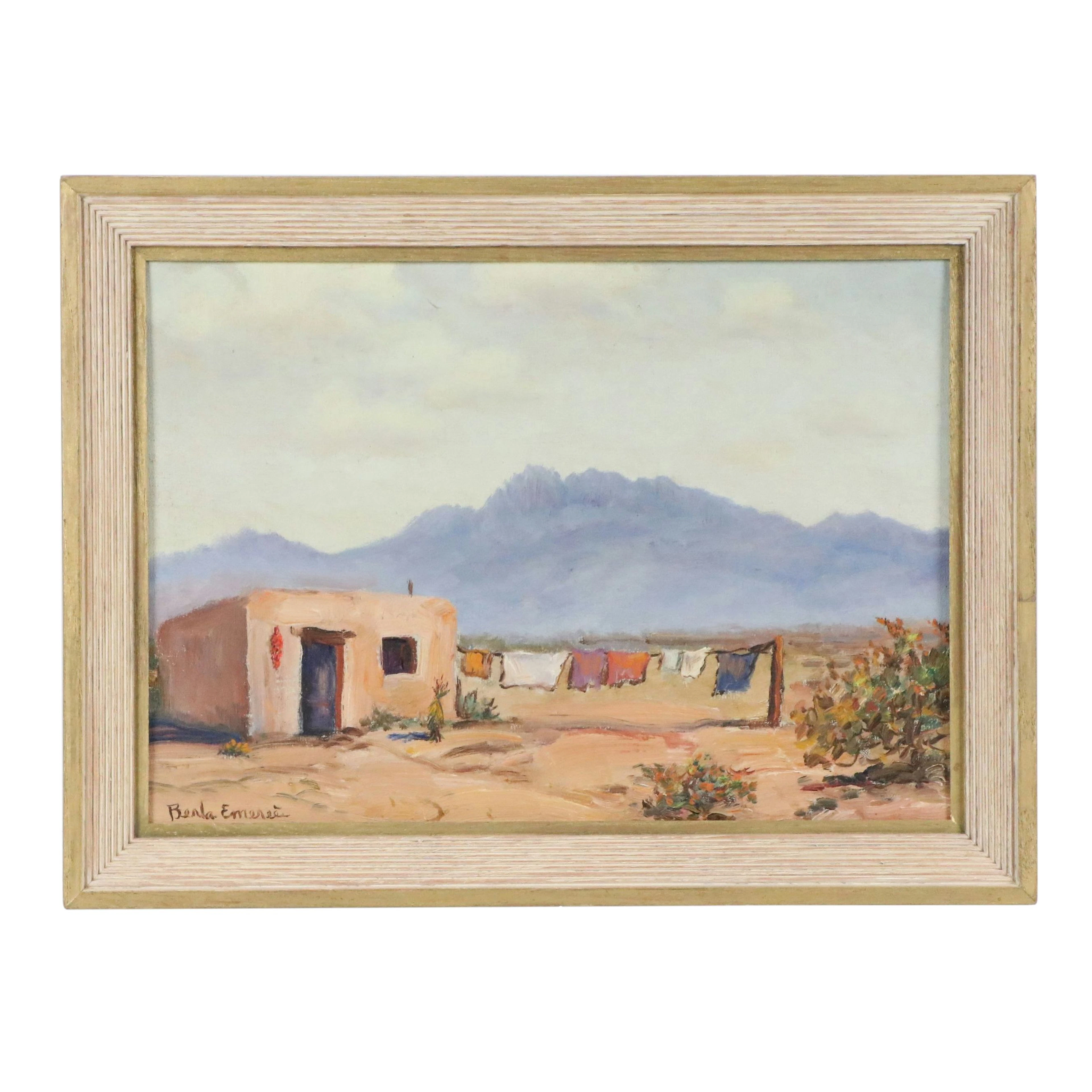 Berla Emeree Pueblo Landscape Oil Painting with Clothesline, Early 20th Century
