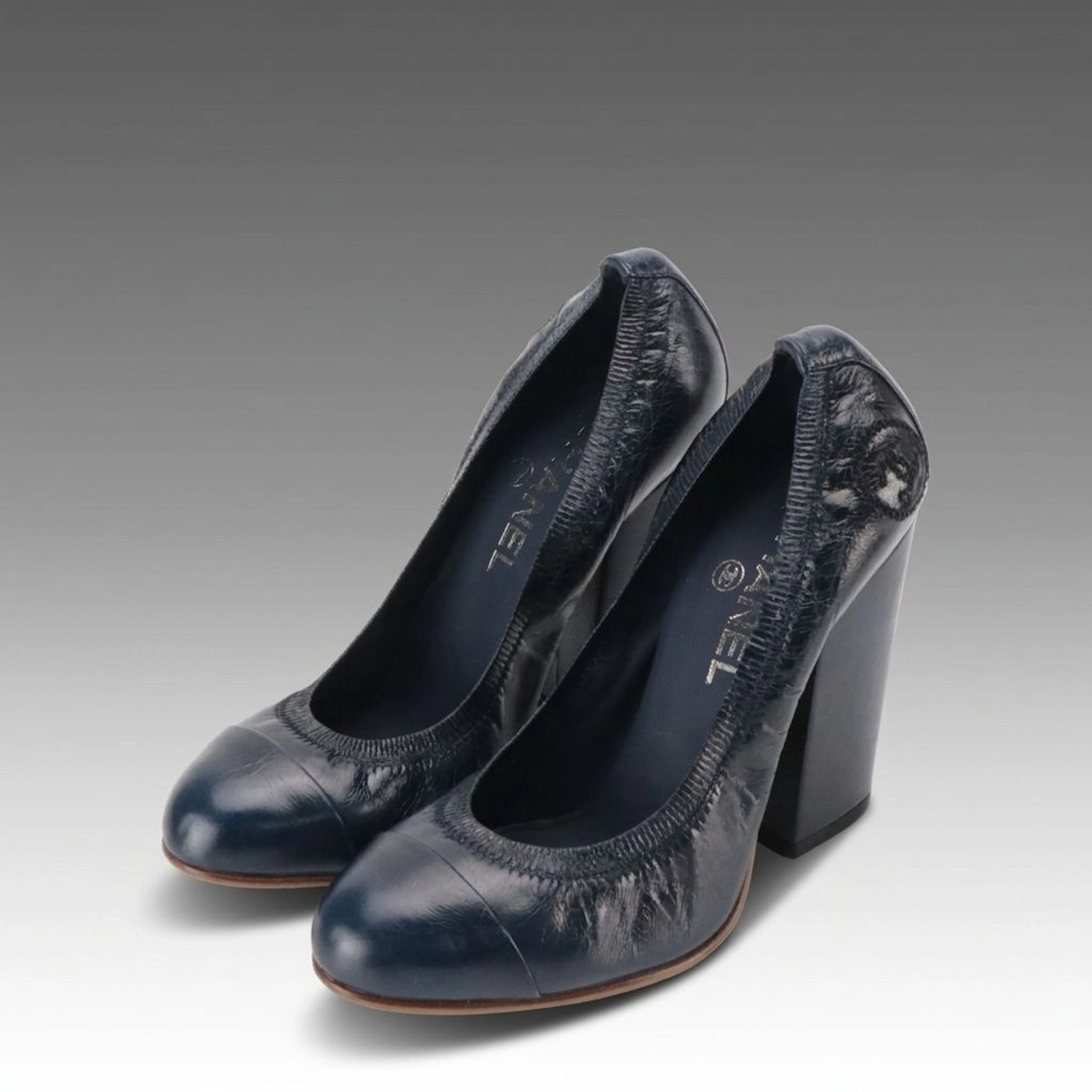 Chanel Navy Blue Leather Ballet Cap-Toe Block Heel Pumps with Box