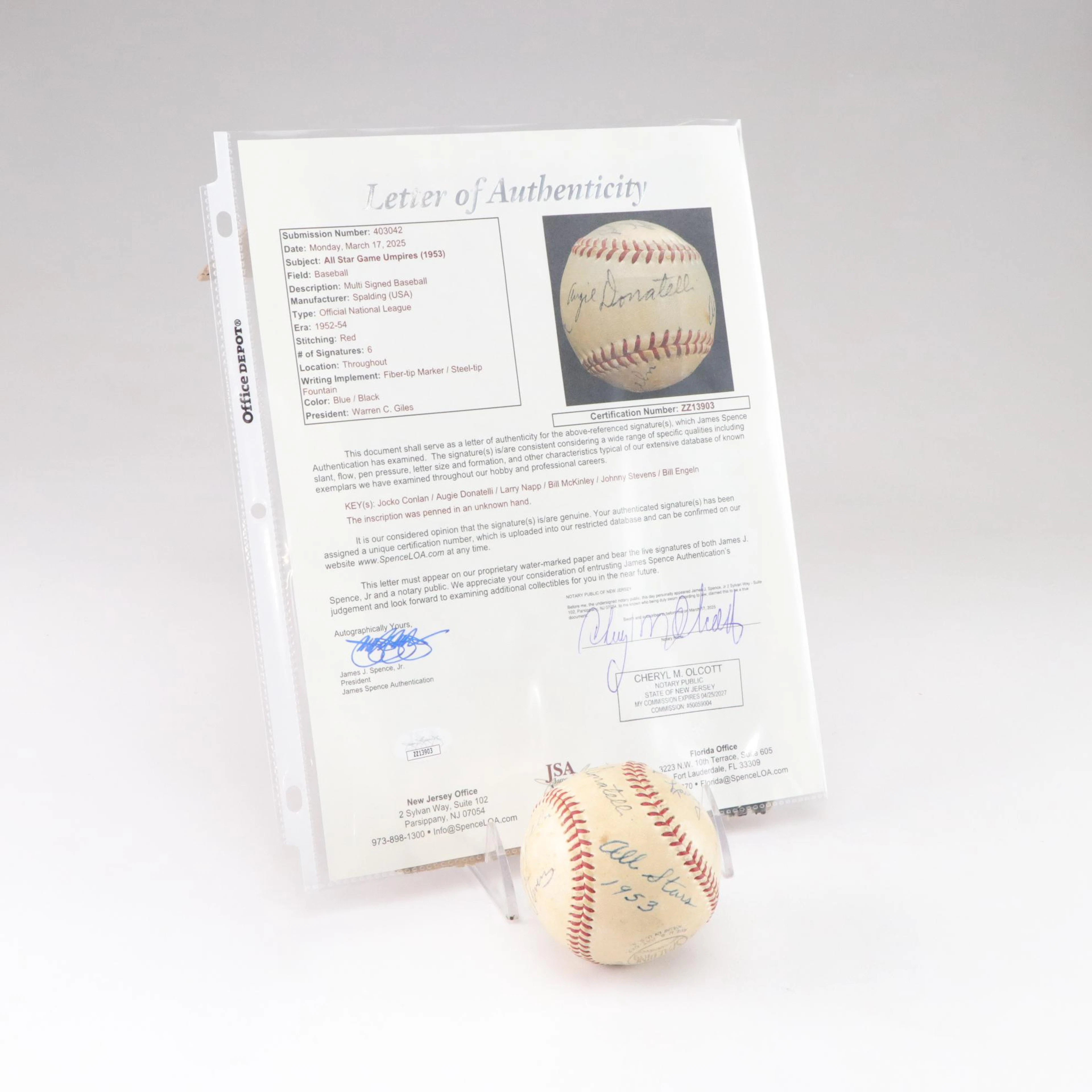 1953 Baseball All-Star Game Spalding Ball Autographed by Six Umpires