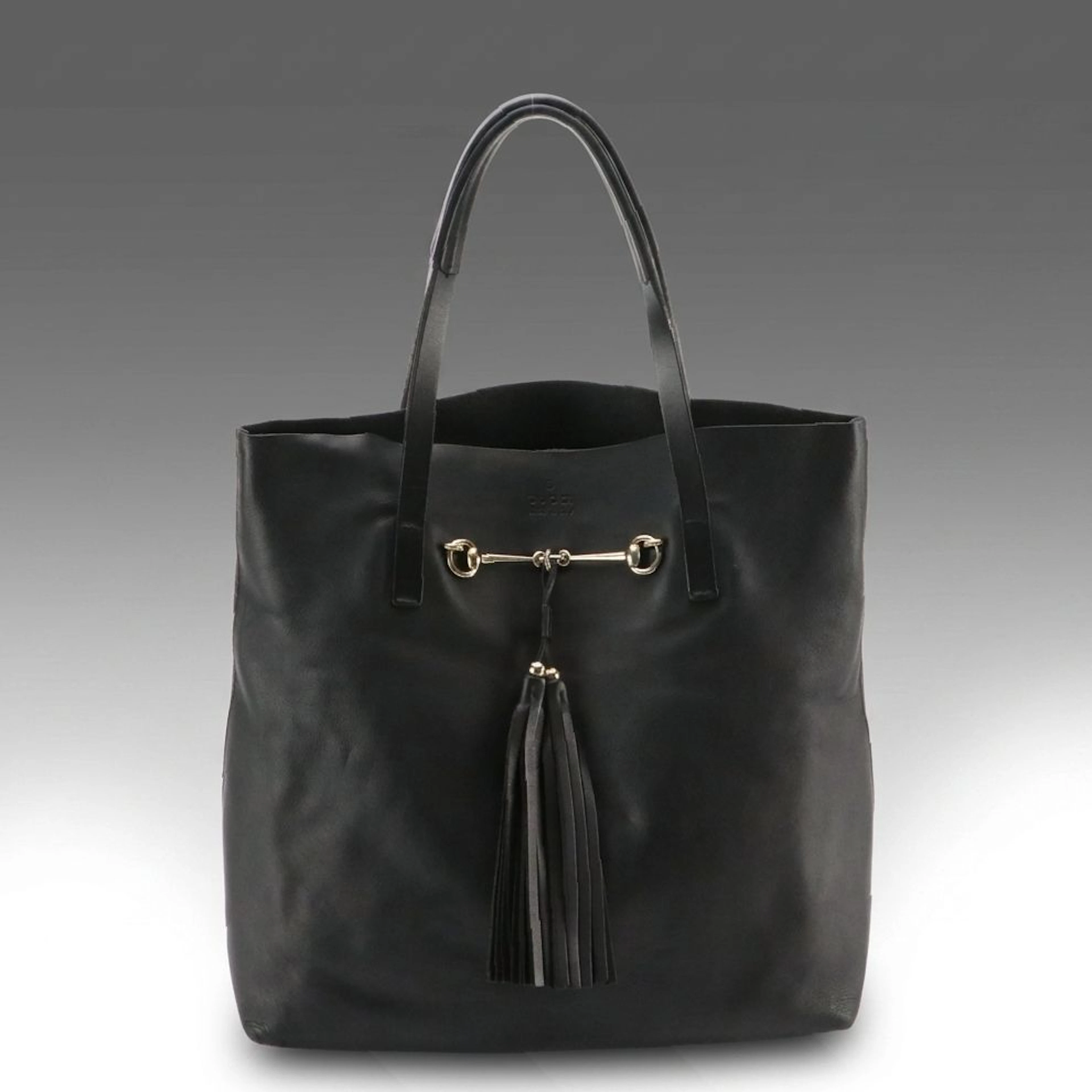 Gucci Horsebit Tassel Tote Bag and Zip Pouch in Black Calfskin Leather