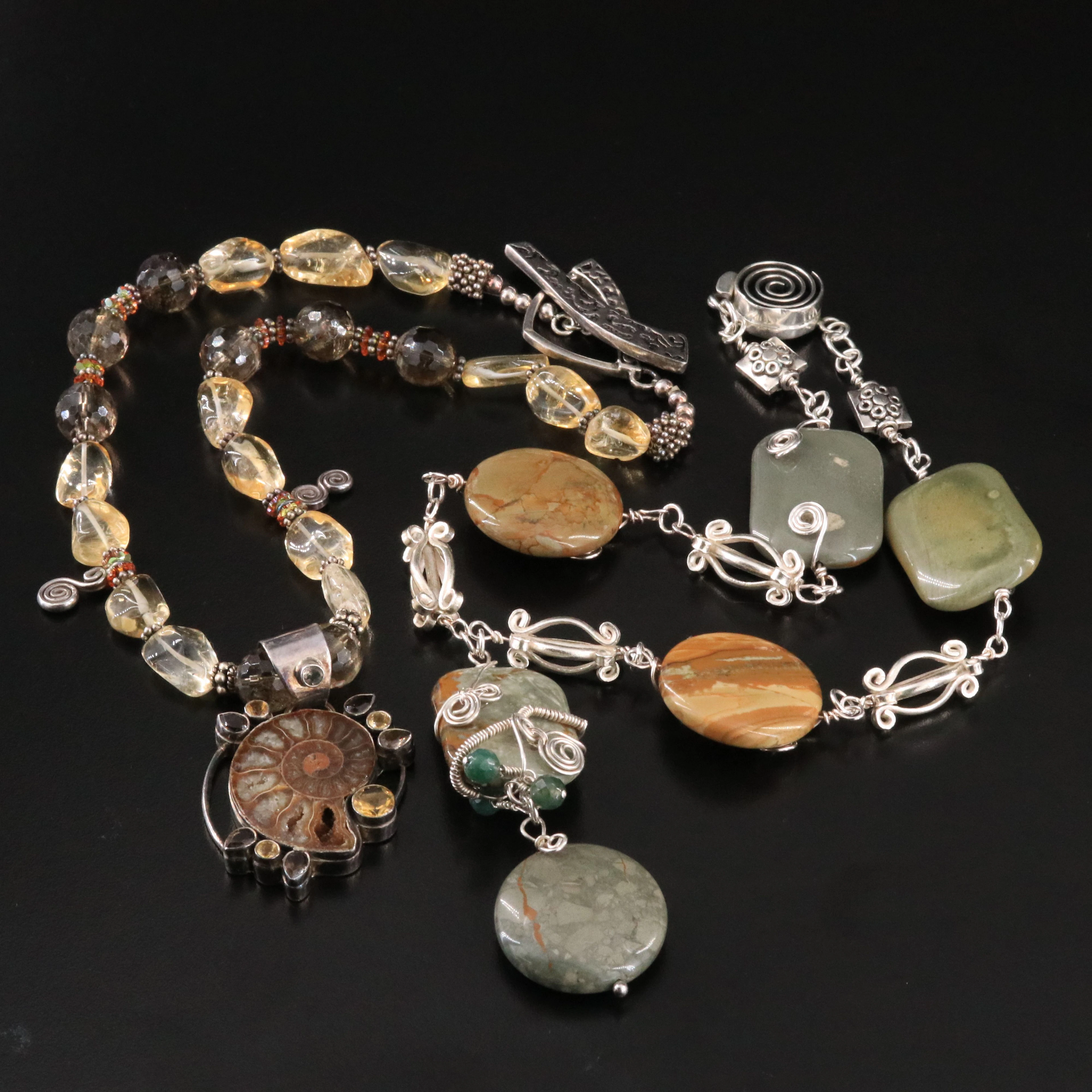 Sterling Necklaces Featuring Ammonite, Citrine, Smoky Quartz