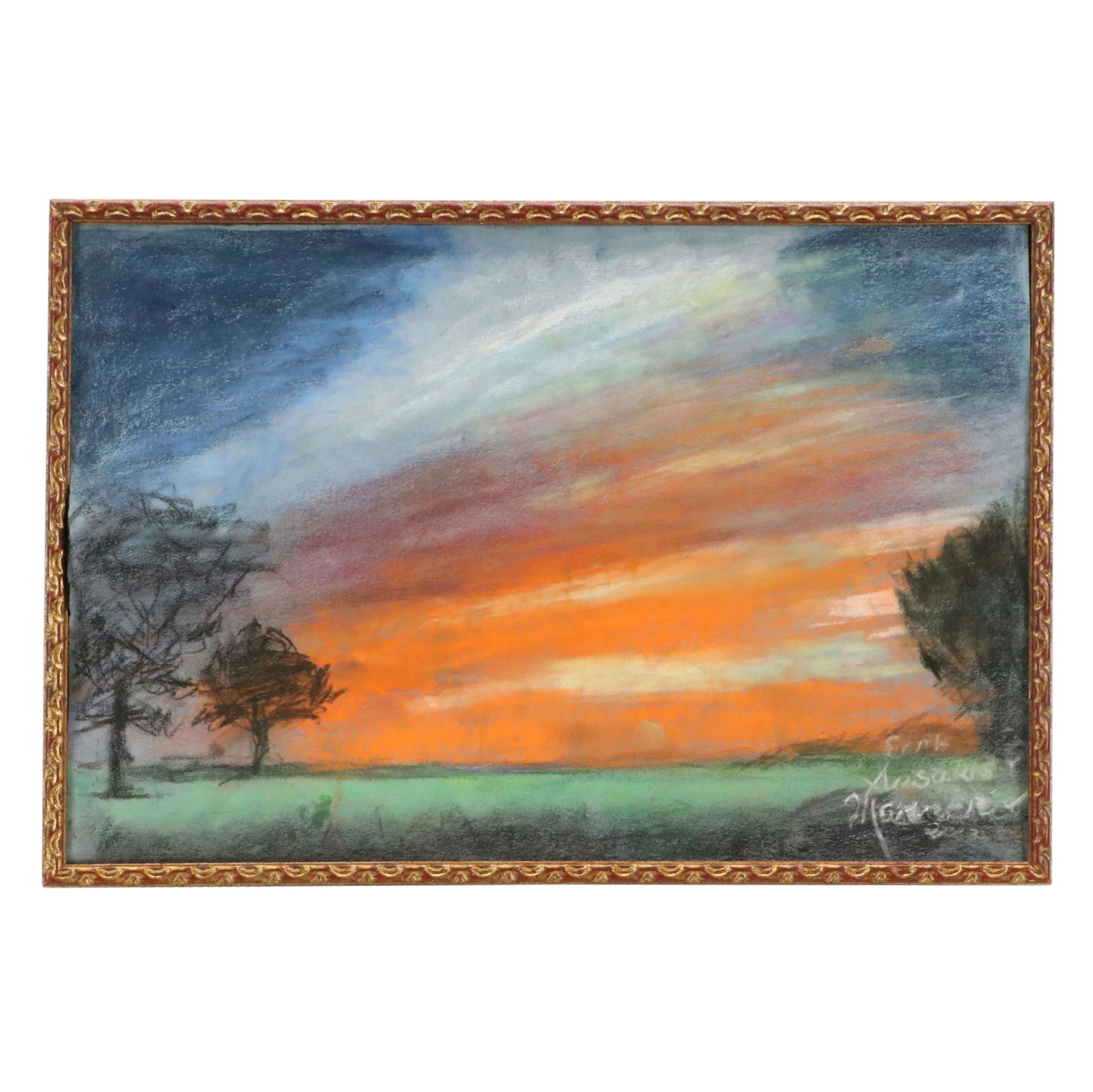 Edith Susarret Marrero Chalk Pastel Drawing of Sunset Landscape, 2013