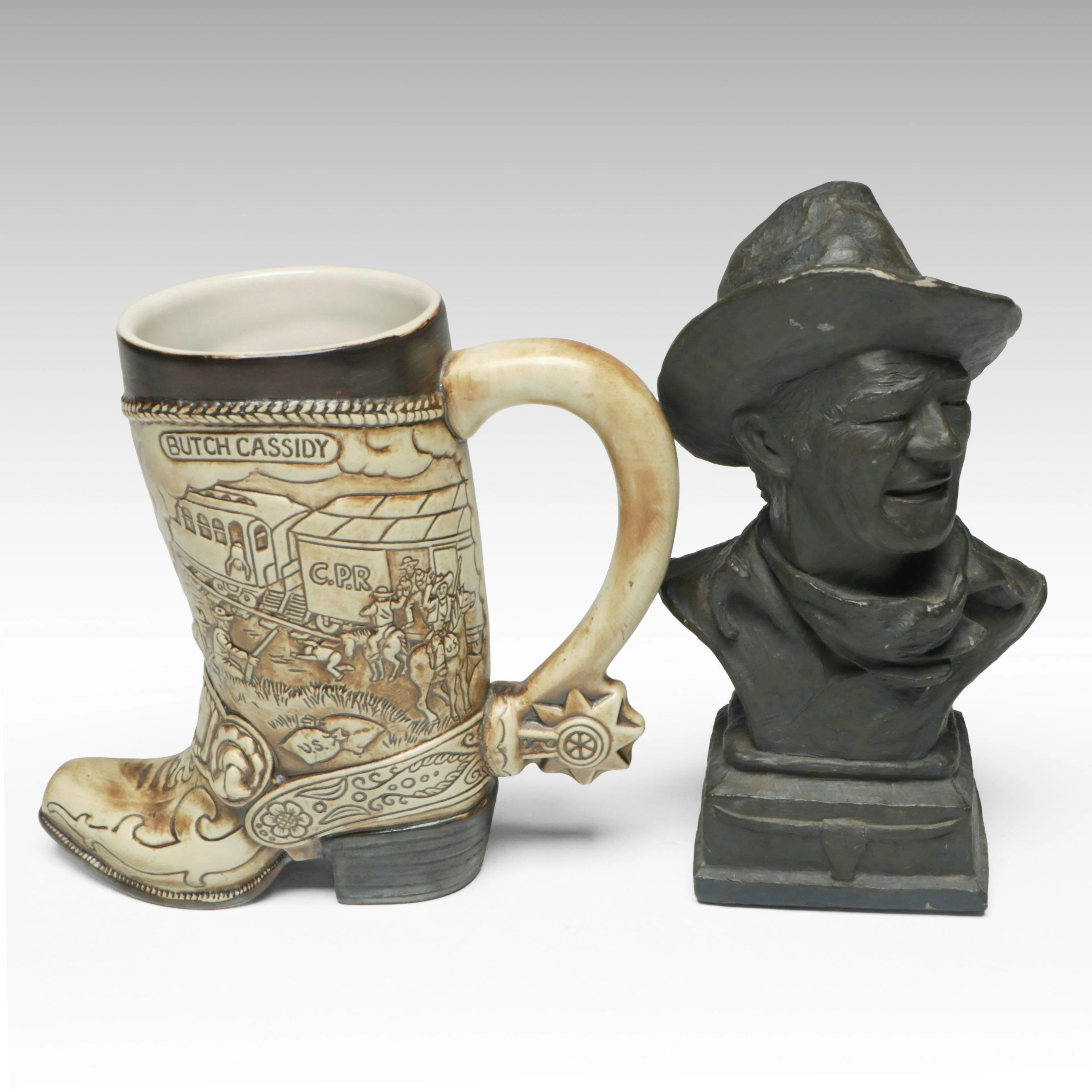 American Heritage Cowboy Boot Porcelain Stein with "John Wayne" Resin Bust