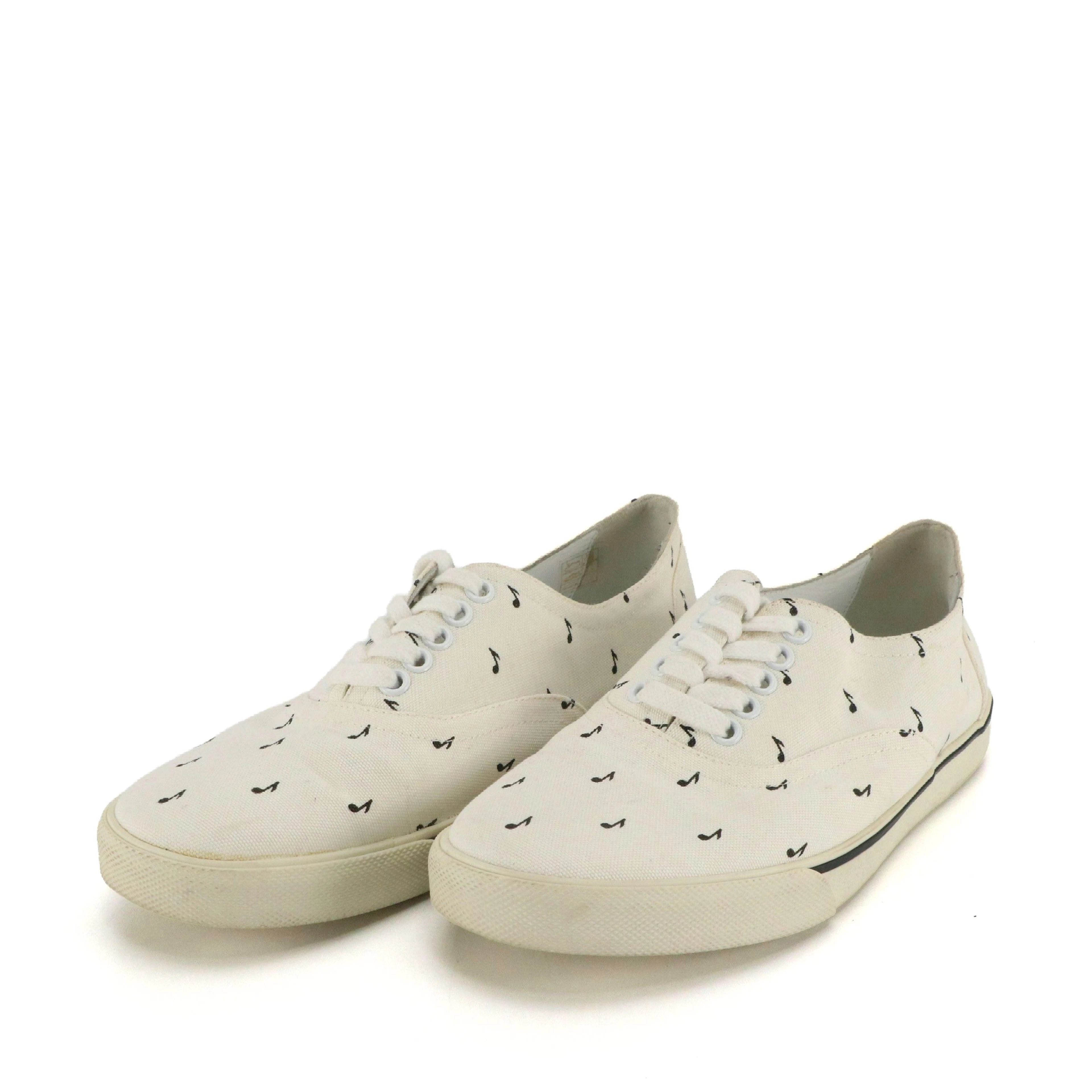 Celine Musical Note Print Canvas Lace-Up Sneakers in White/Black