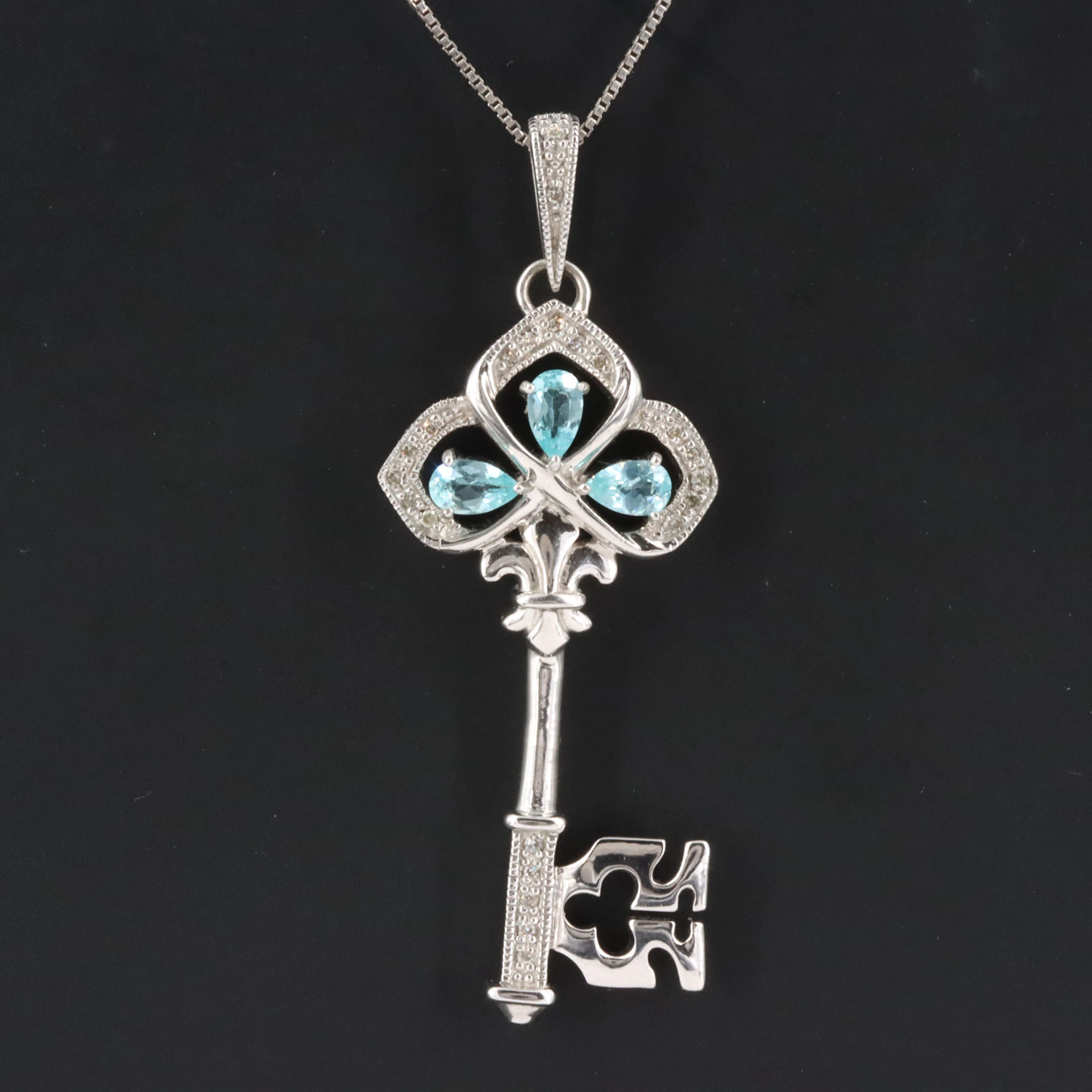 Sterling Key Pendant Necklace with Apatite and Diamonds