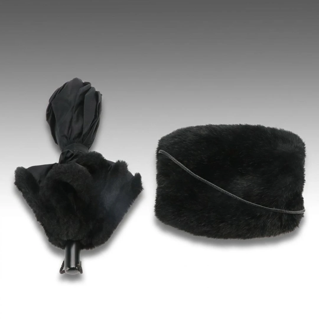 Jean Paul Gaultier Faux Fur Trimmed Umbrella & Faux Fur Muff with Leather Strap