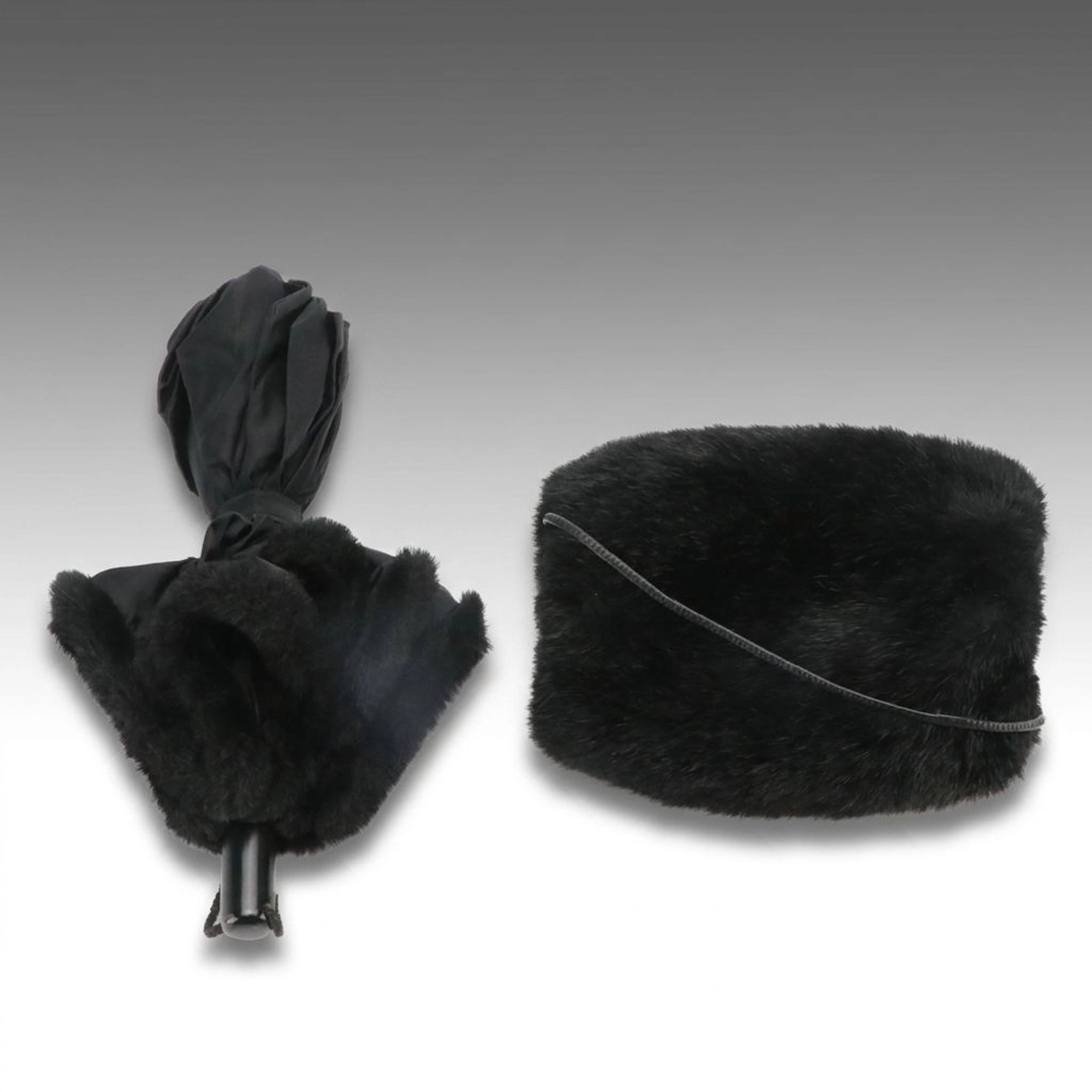 Jean Paul Gaultier Faux Fur Trimmed Umbrella & Faux Fur Muff with Leather Strap