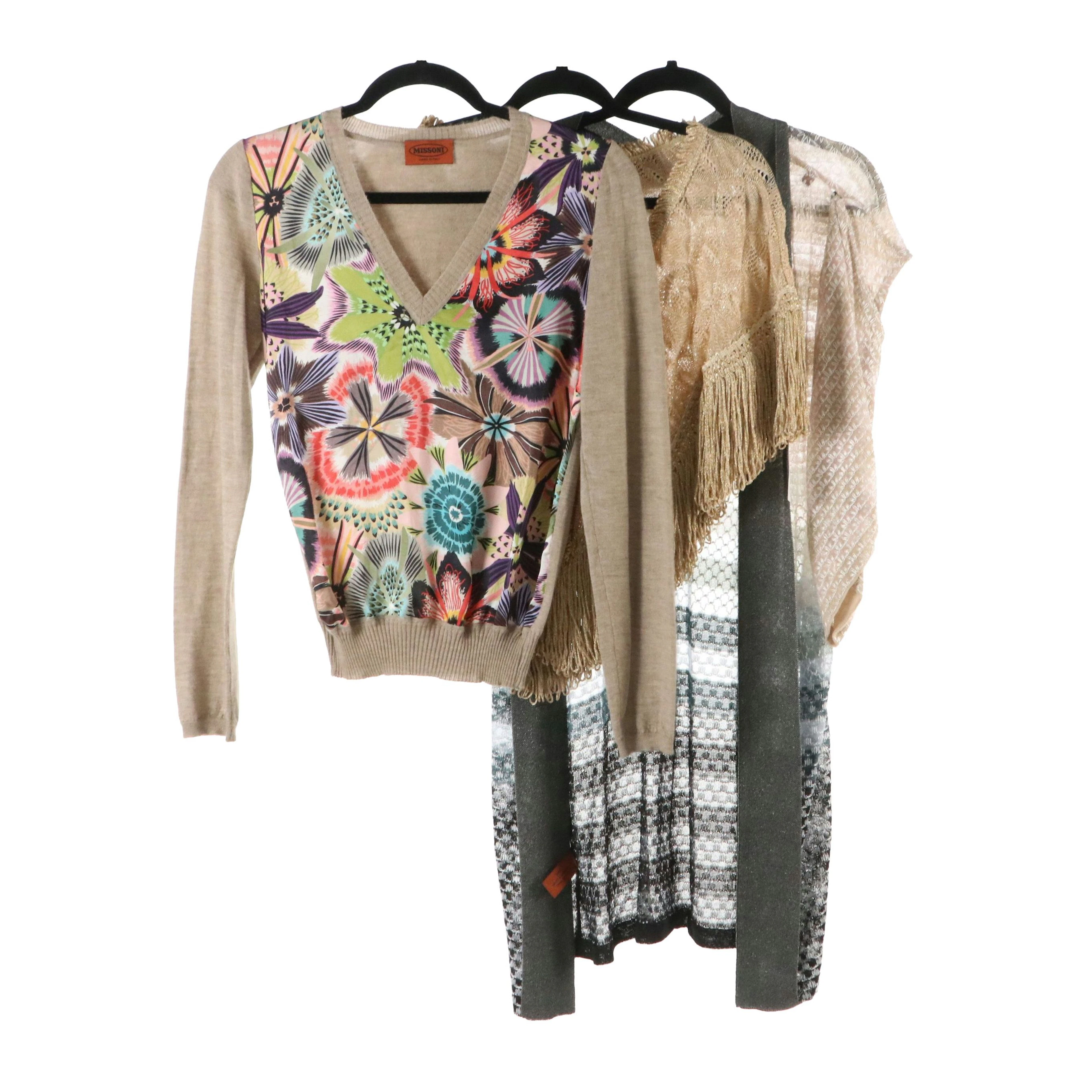 Missoni Crochet Fringe Shawl, Printed Silk/Cashmere V-Neck & Open