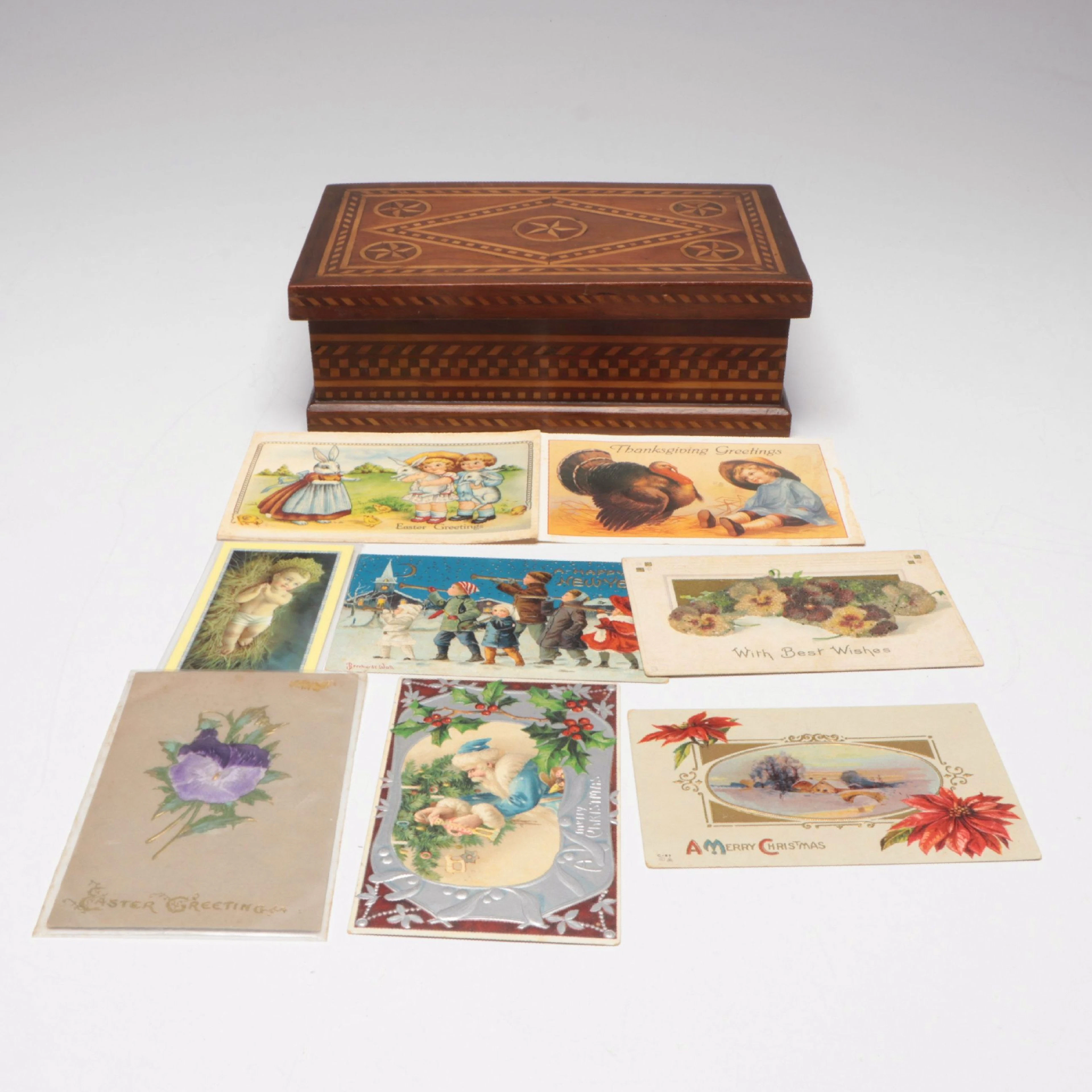 Folk Art Star Motif Wooden Inlay Box with Victorian Style Postcards