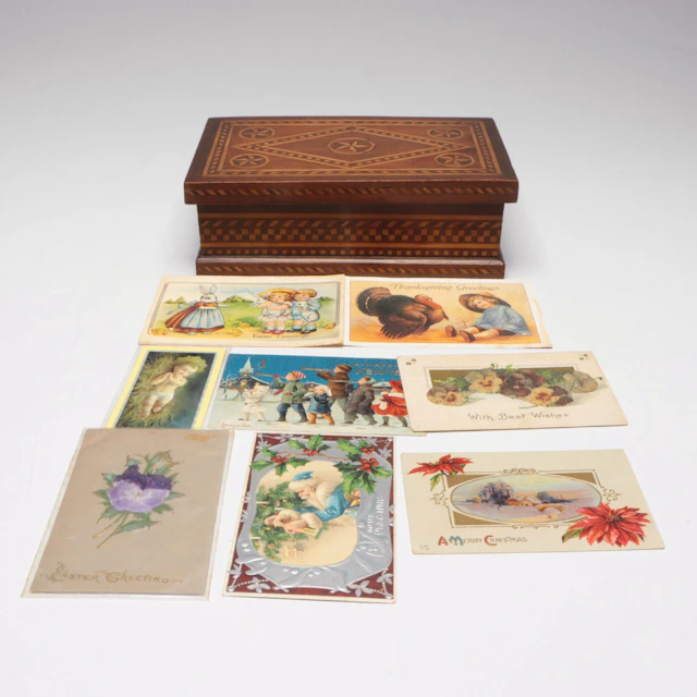 Folk Art Star Motif Wooden Inlay Box with Victorian Style Postcards