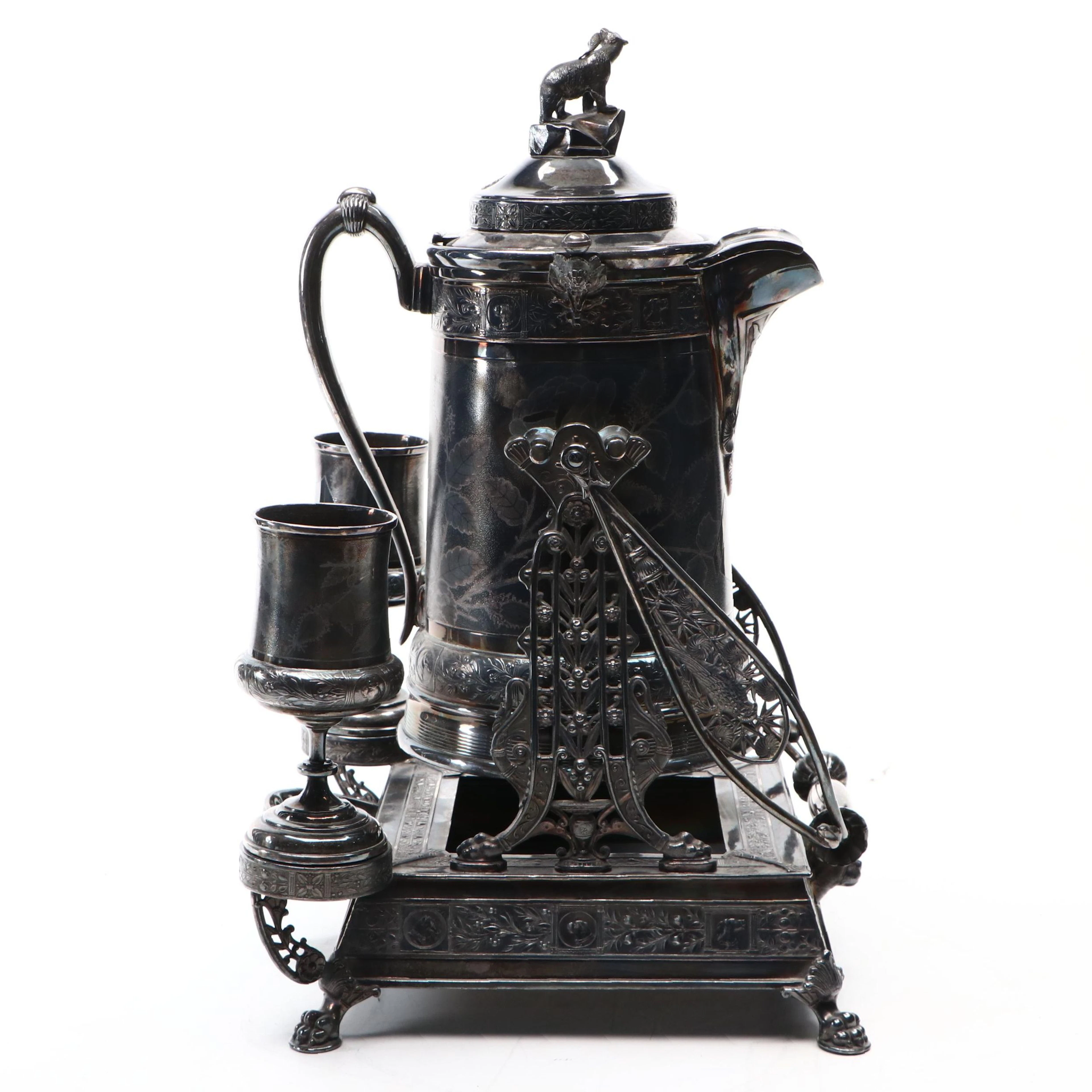 Reed & Barton Aesthetic Movement Silver Plate Tilting Water Pitcher with Cups