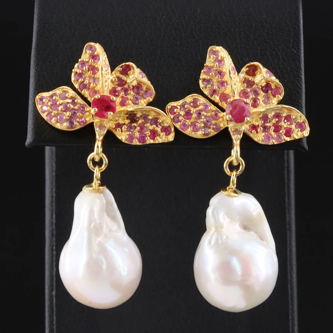 Sterling Pearl and Ruby Orchid Earrings