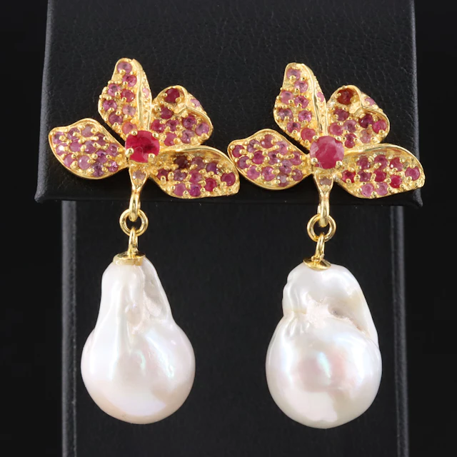 Sterling Pearl and Ruby Orchid Earrings