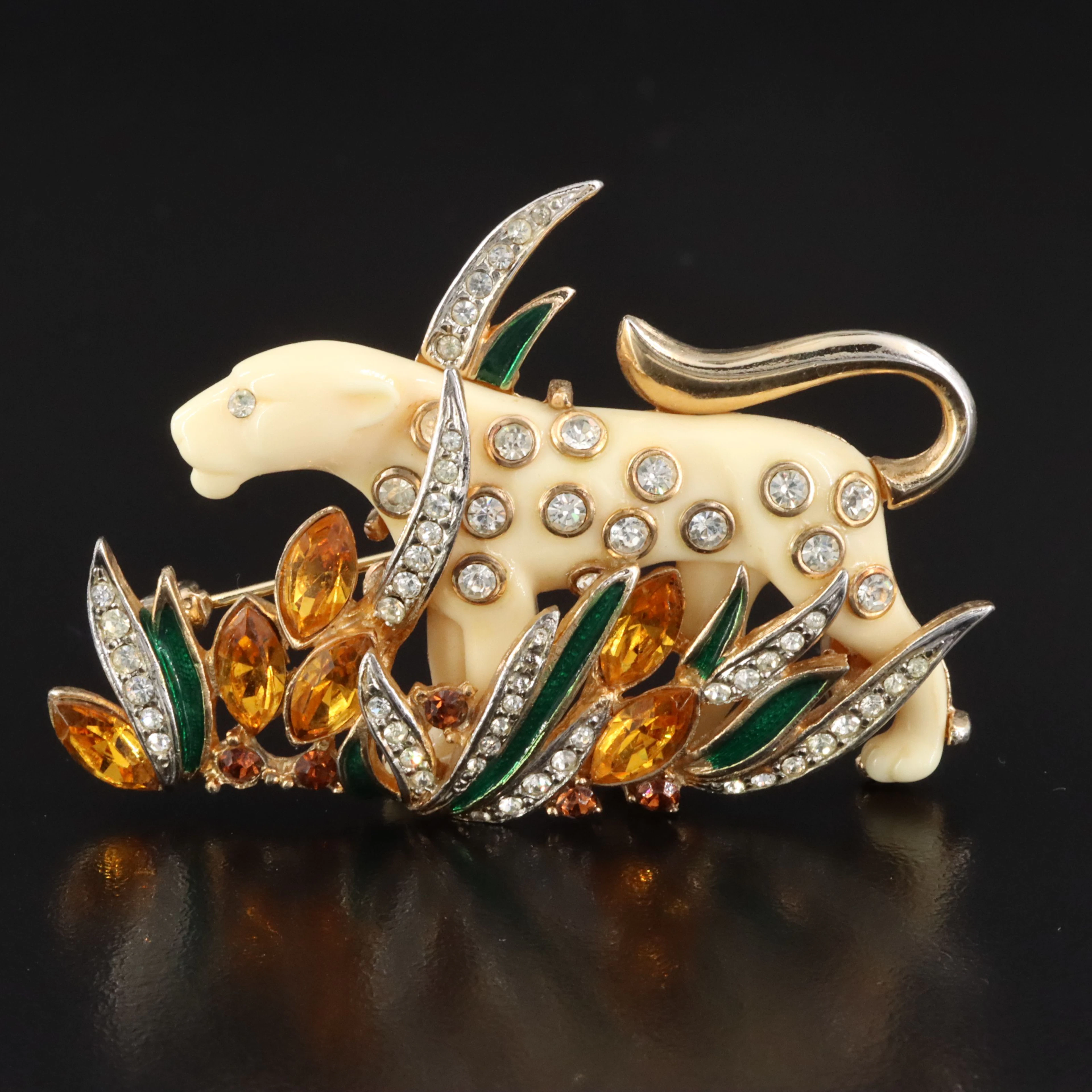Vintage Rhinestone, Enamel & Acrylic Leopard Brooch, 1950s