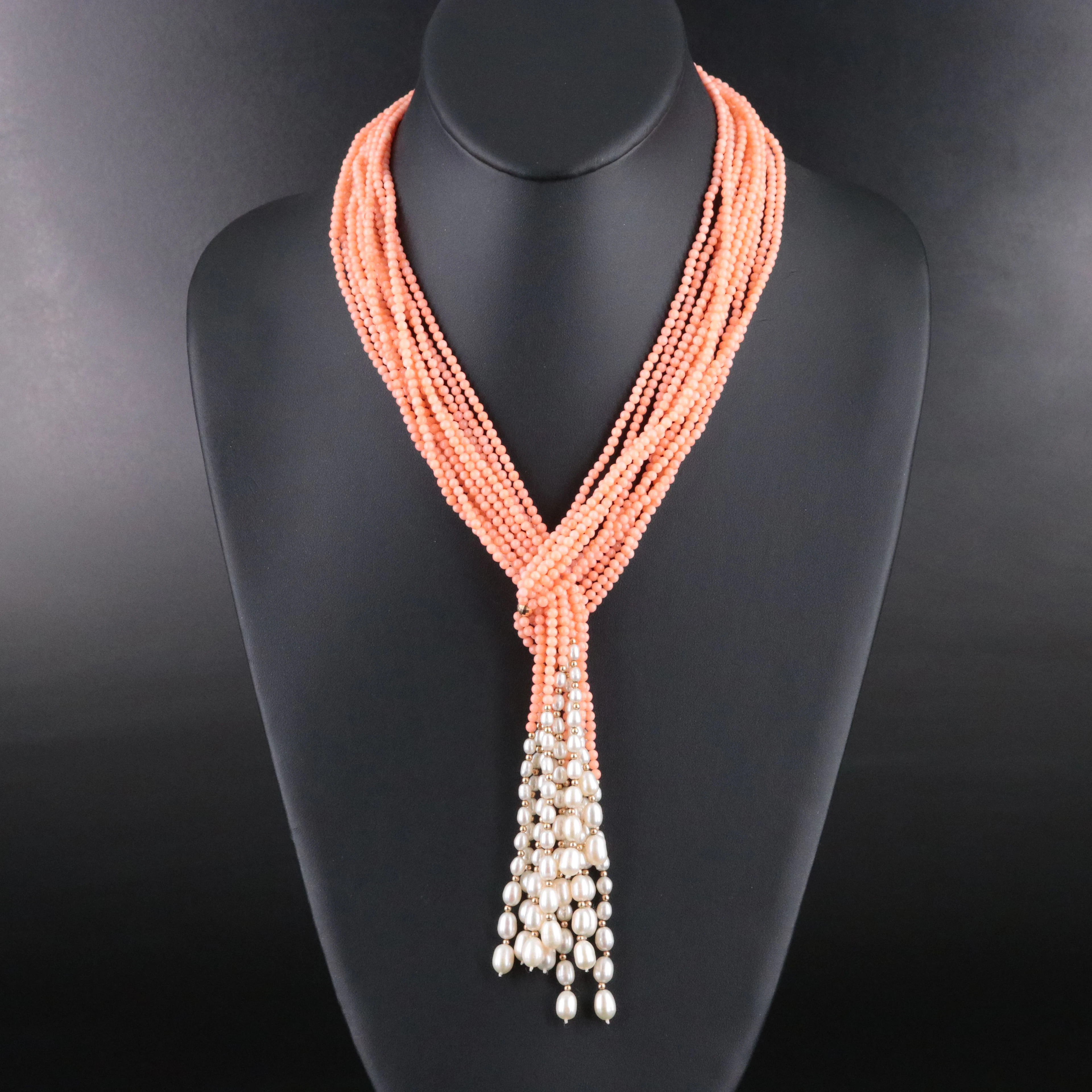 14K Coral and Pearl Lariat Necklace