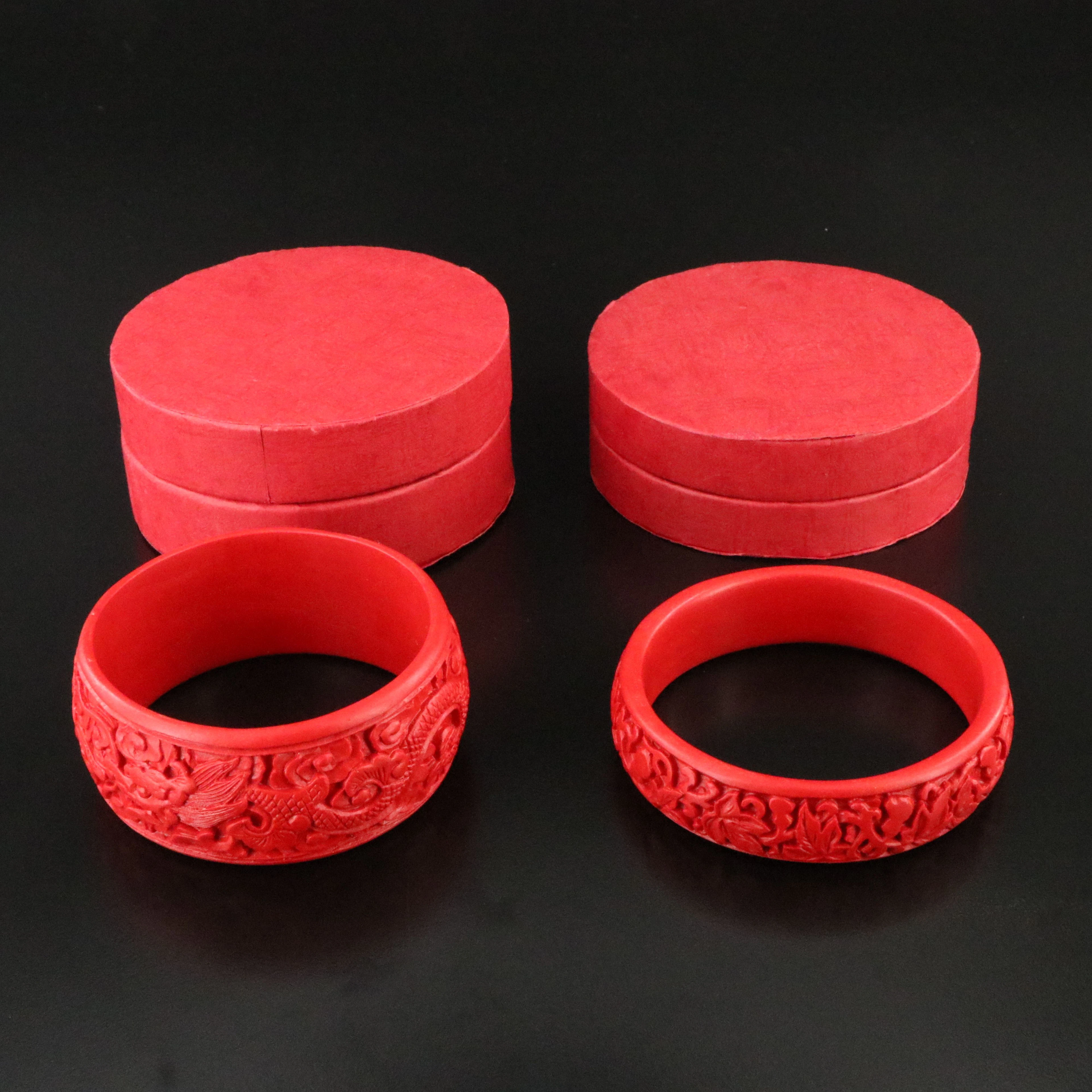 Chinese Carved Resin Bangles with a Dragon and Phoenix Wedding Bracelet